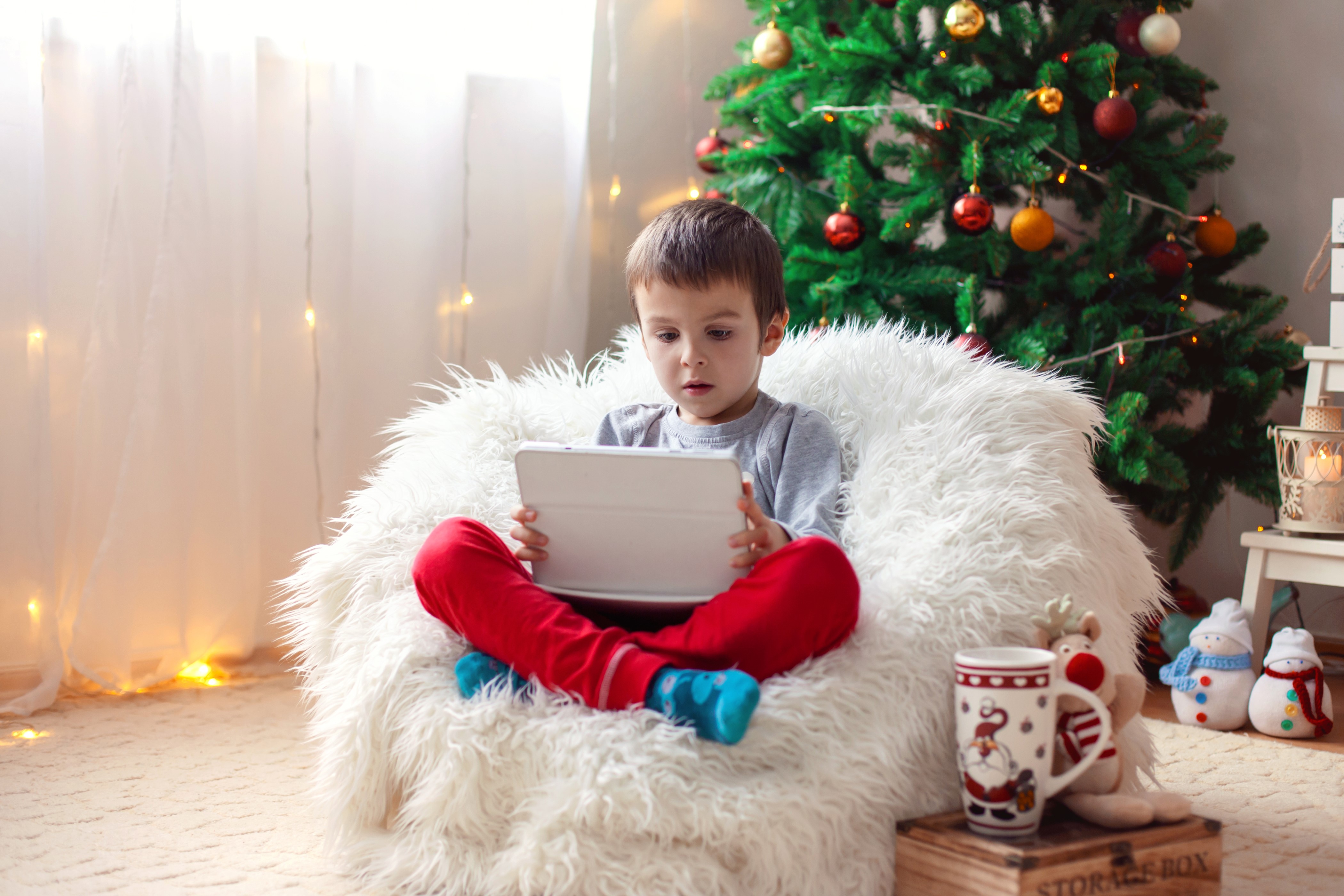 Boy using tablet near Christmas tree HD Wallpaper