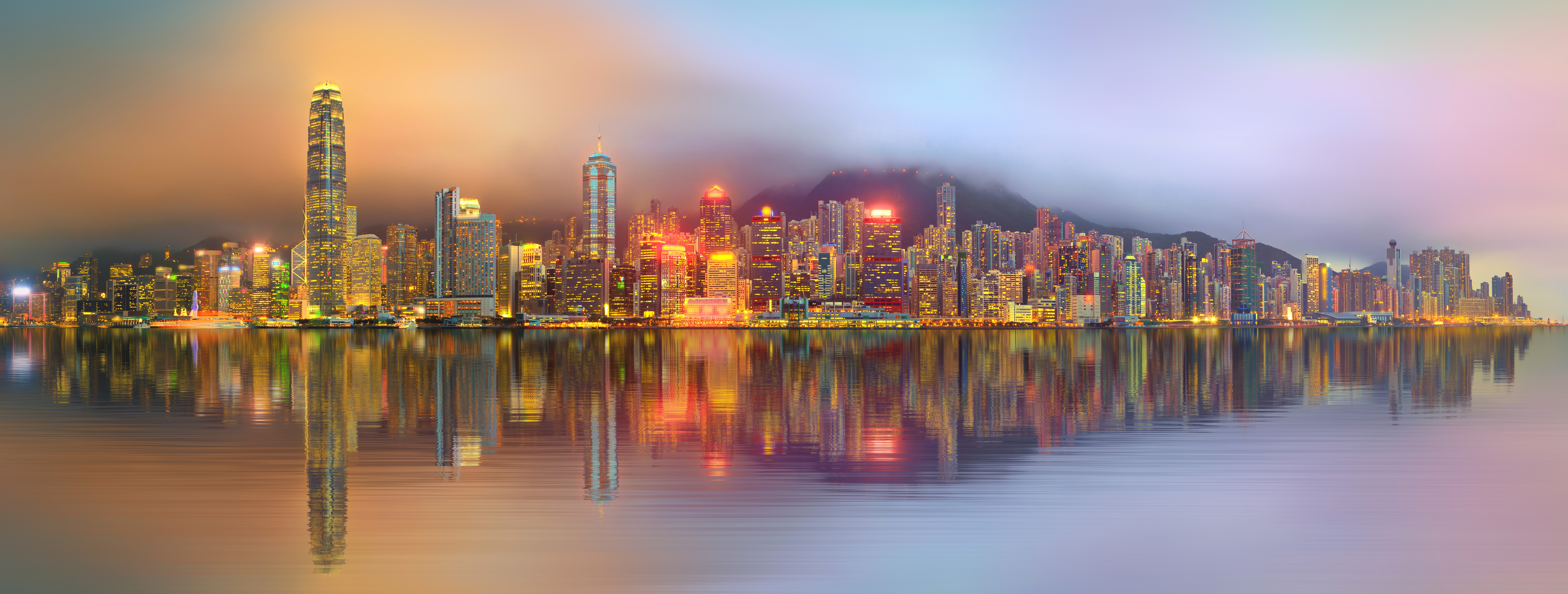 Hong Kong skyline at night with reflections HD Wallpaper
