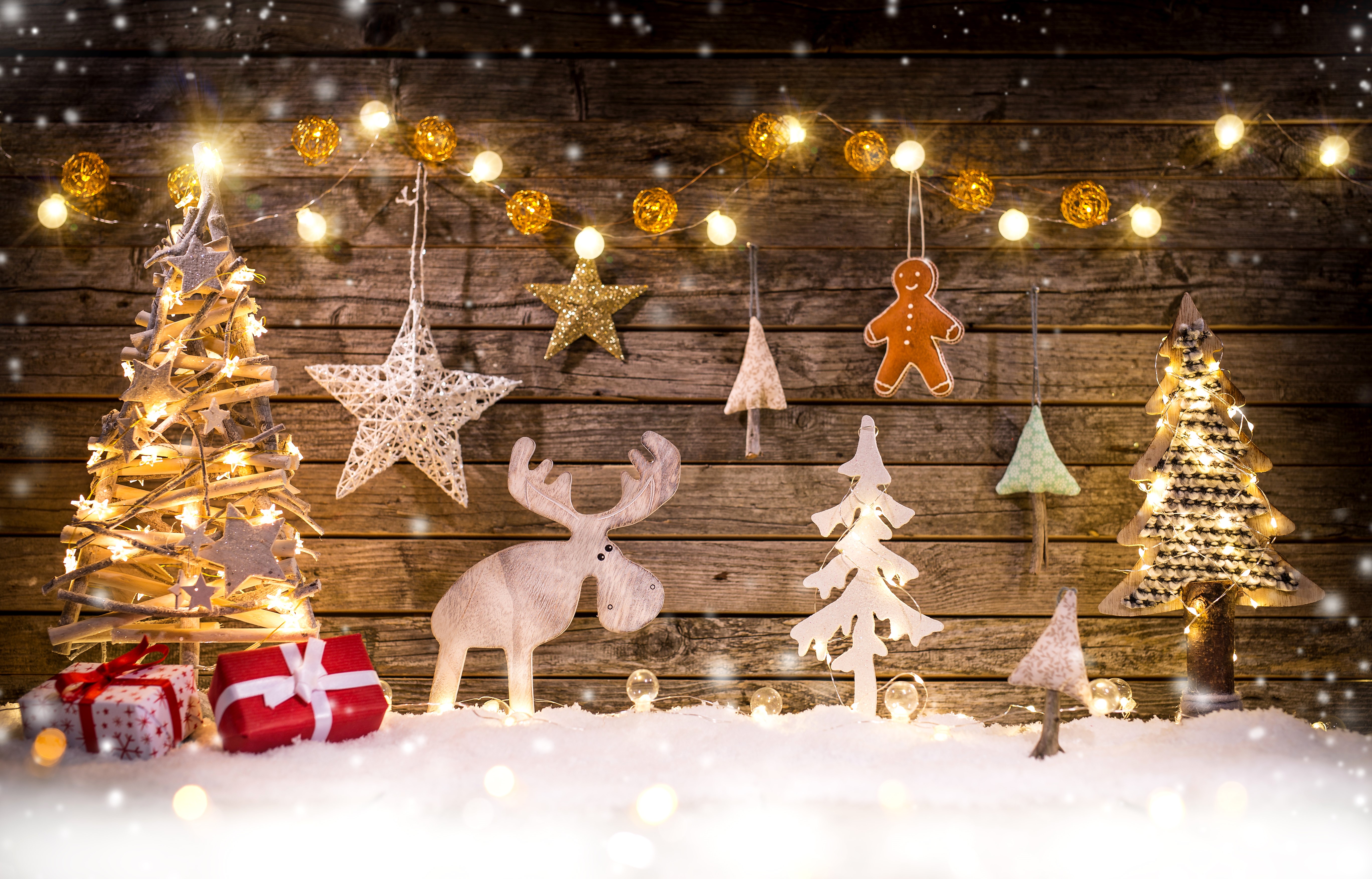 Christmas Decorations with Lights and Gifts HD Wallpaper