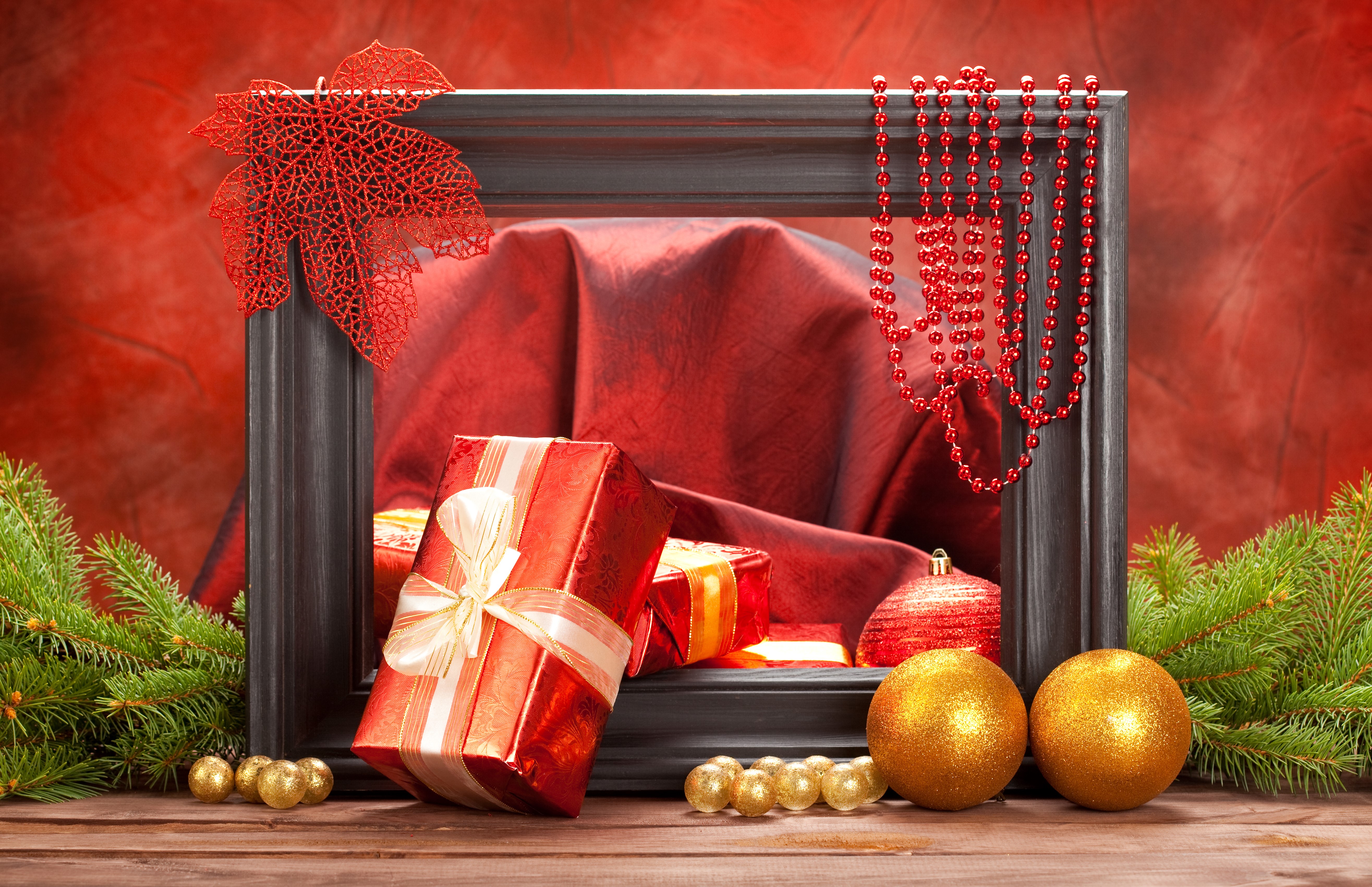 Christmas Gifts and Ornaments in a Frame HD Wallpaper