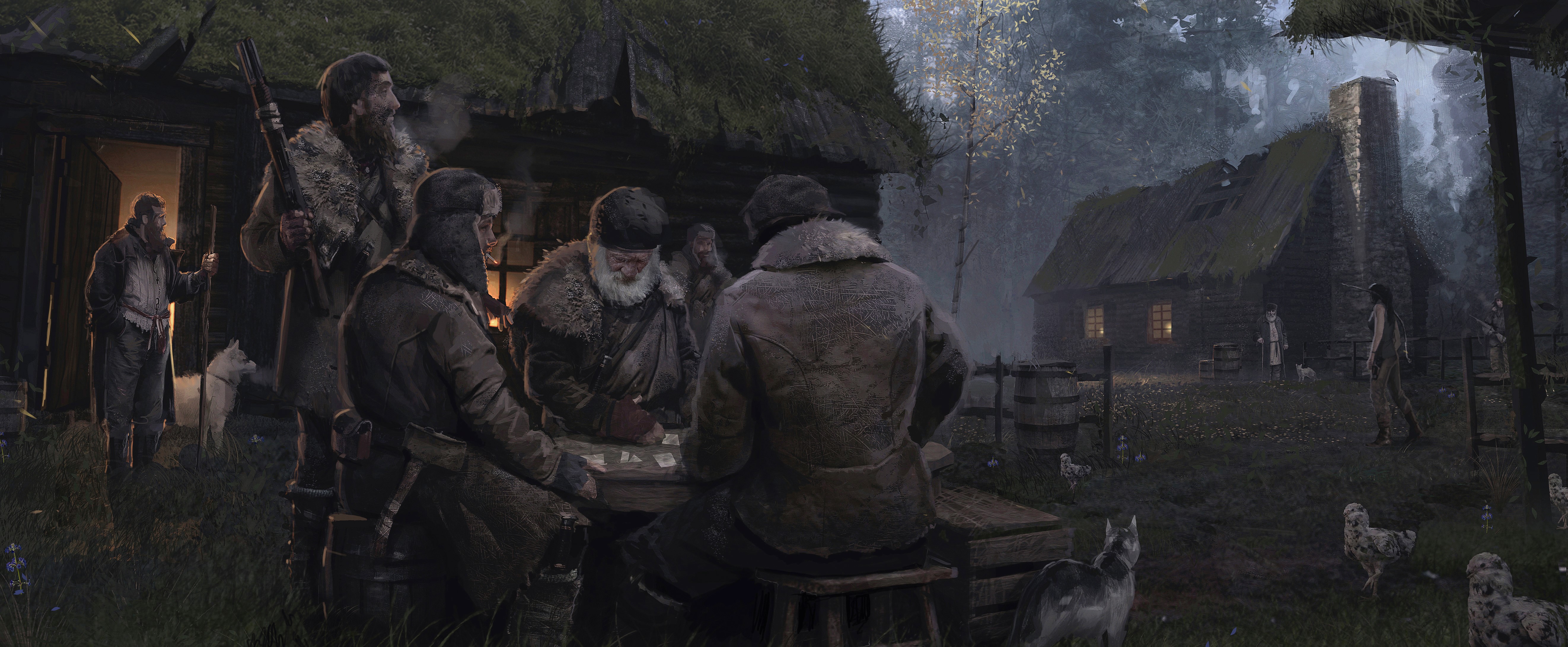 Men playing cards in a village from Rise of the Tomb Raider HD Wallpaper