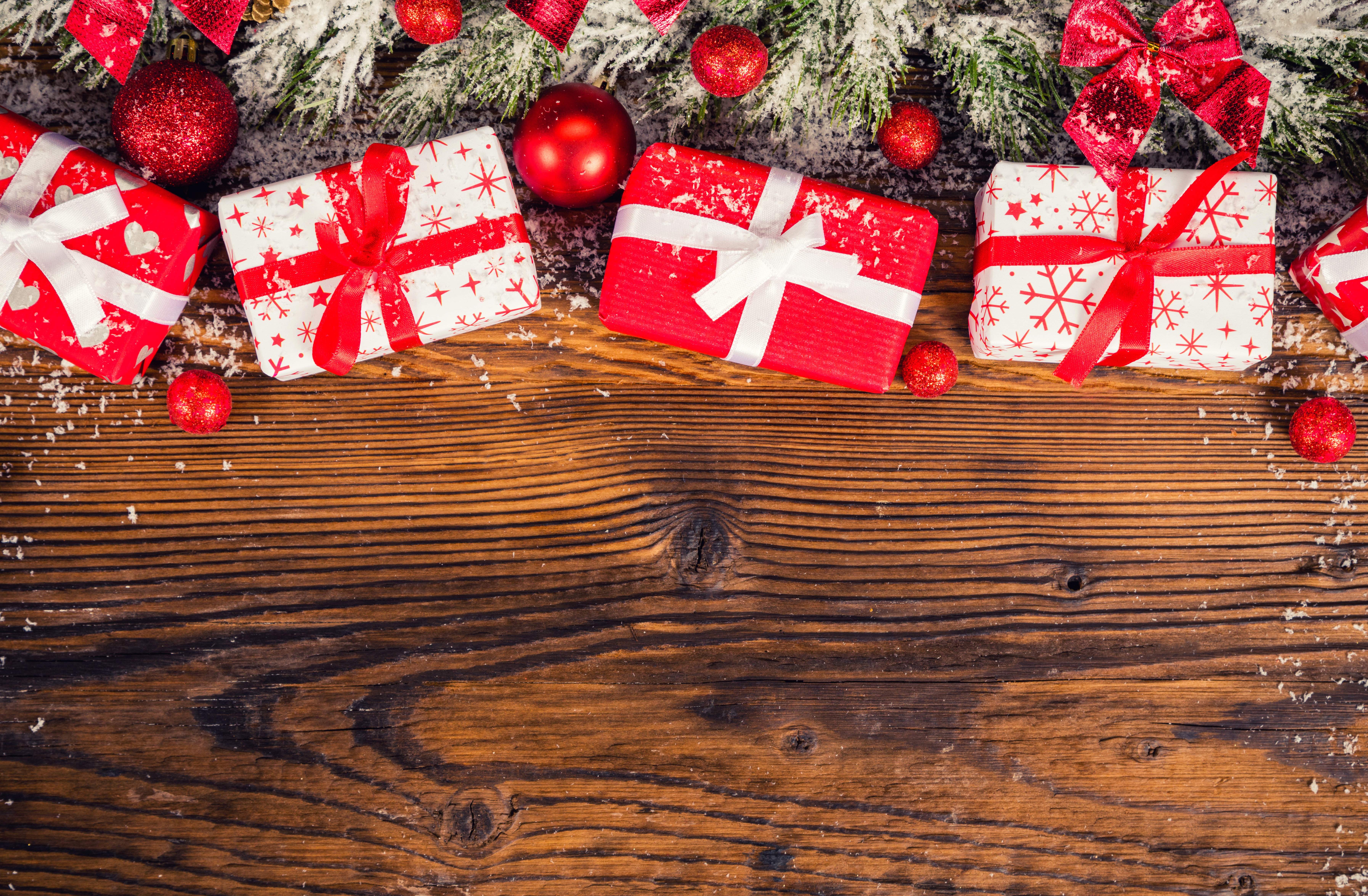 Christmas Gifts and Ornaments on Wood HD Wallpaper