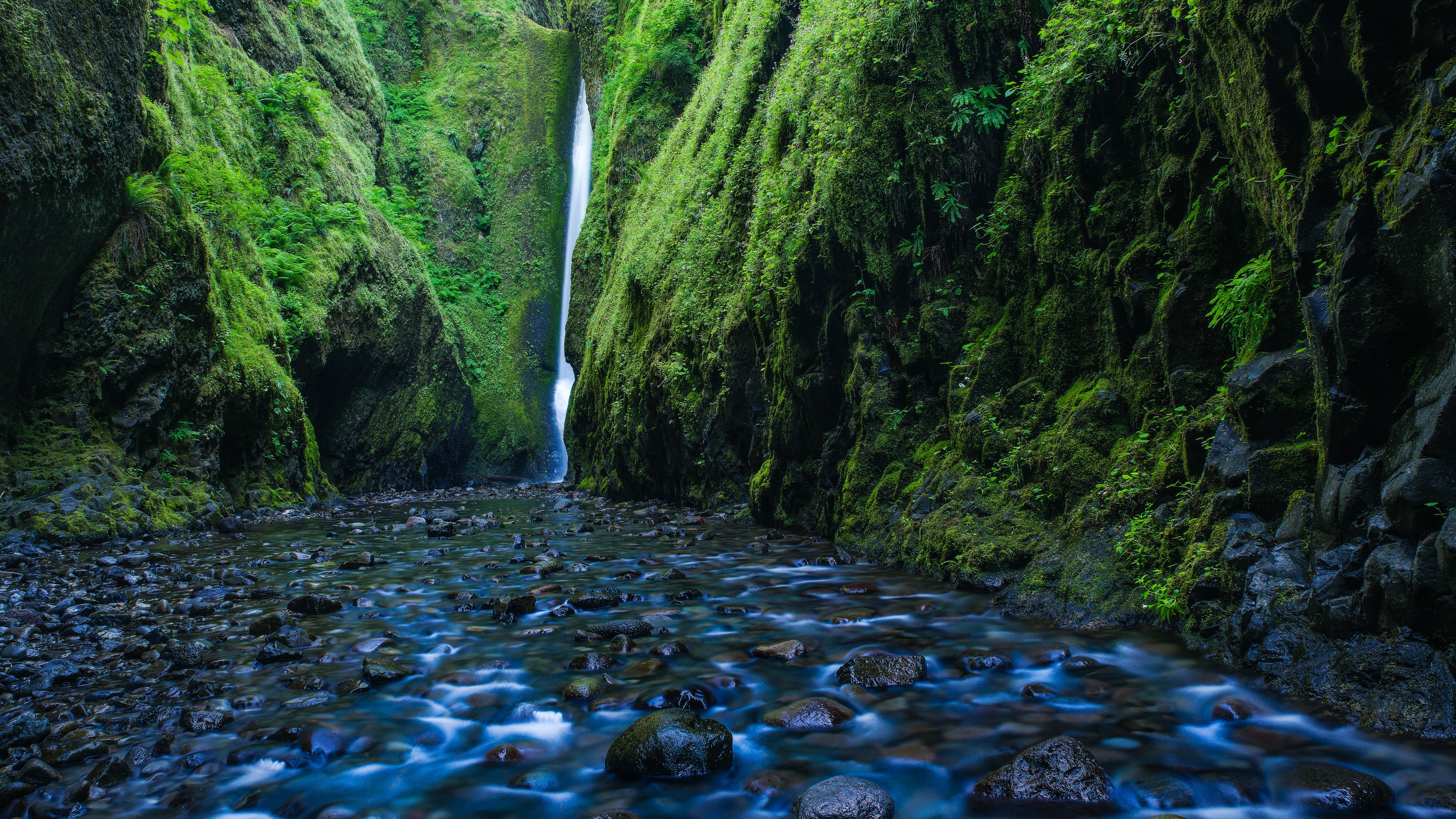 Waterfall in a moss-covered canyon with a rocky stream HD Wallpaper