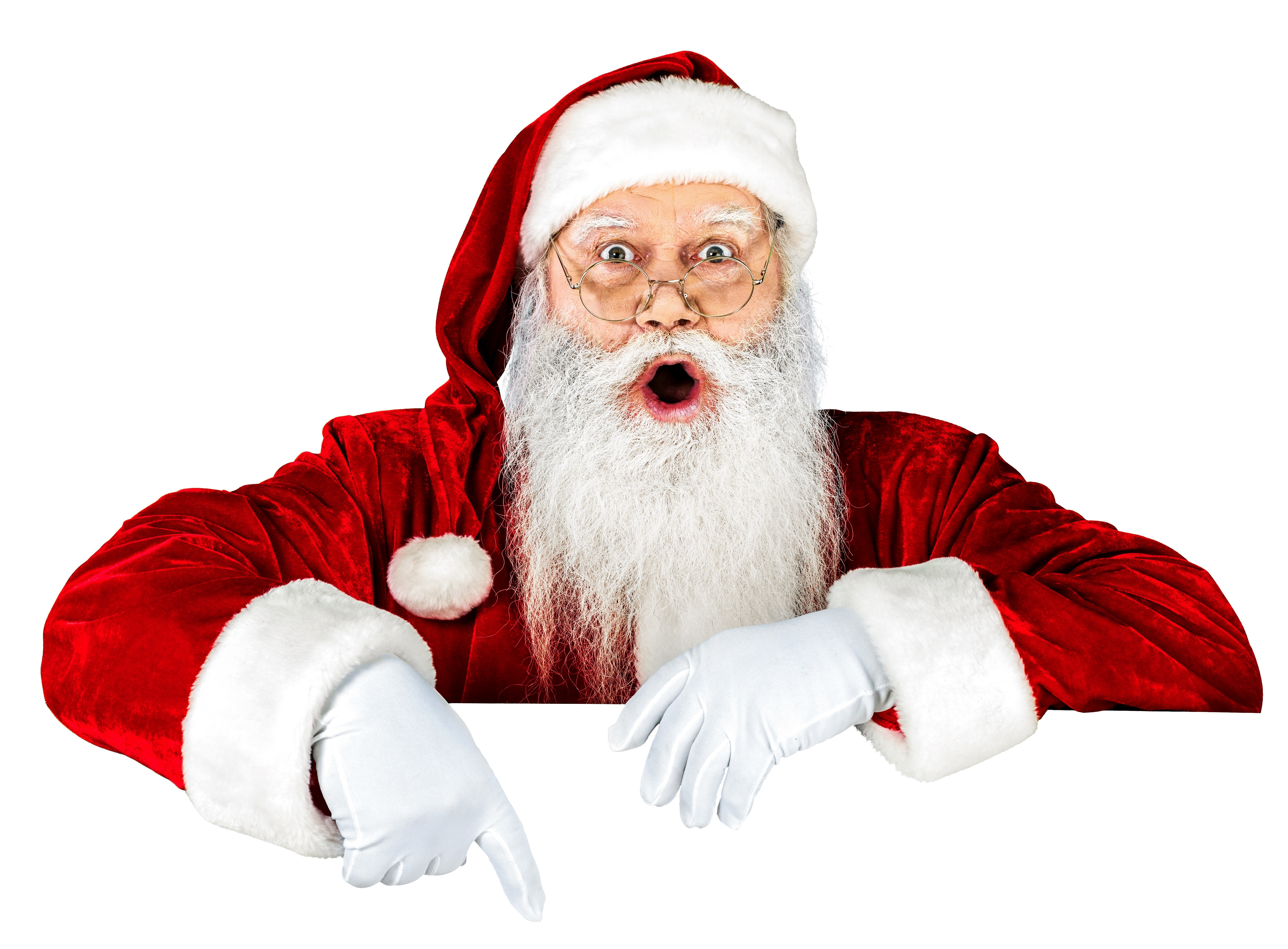 Santa Claus pointing down with a surprised expression HD Wallpaper