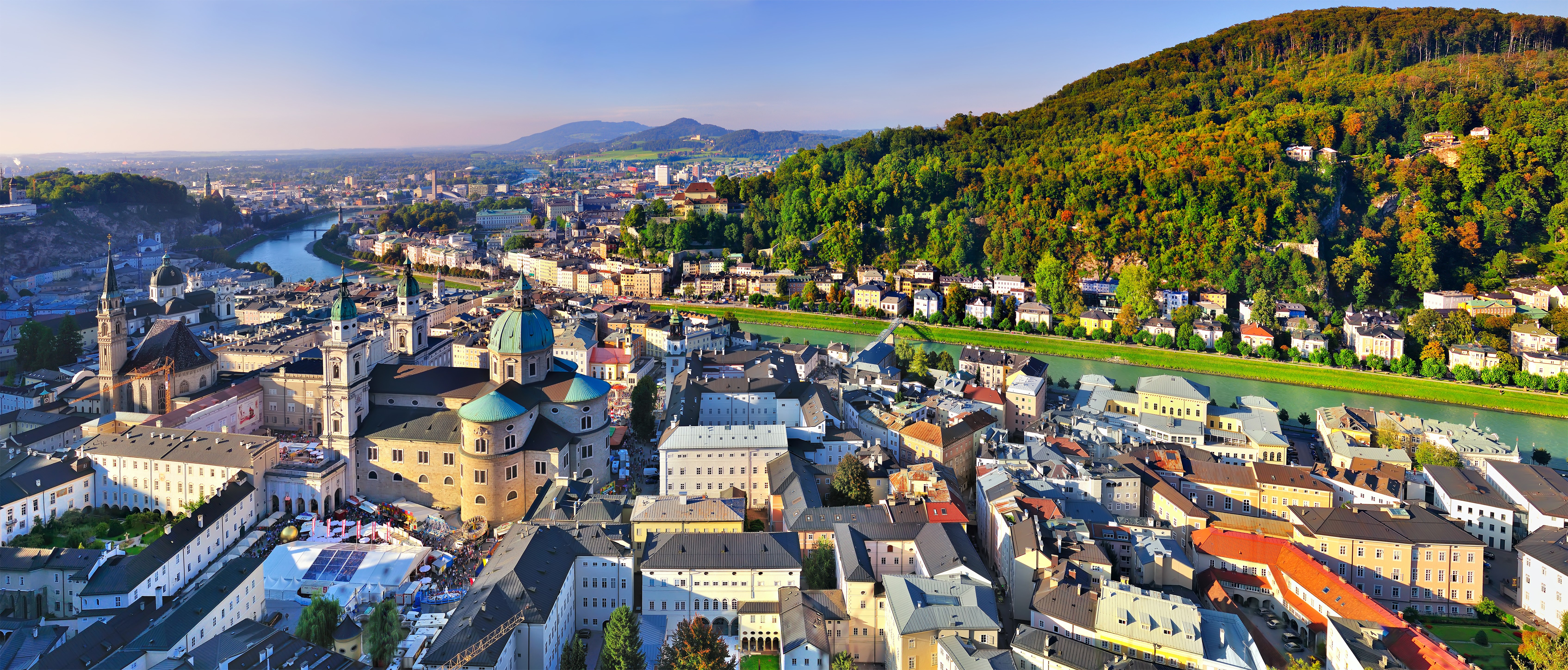 Salzburg cityscape with river and mountains, Austria HD Wallpaper
