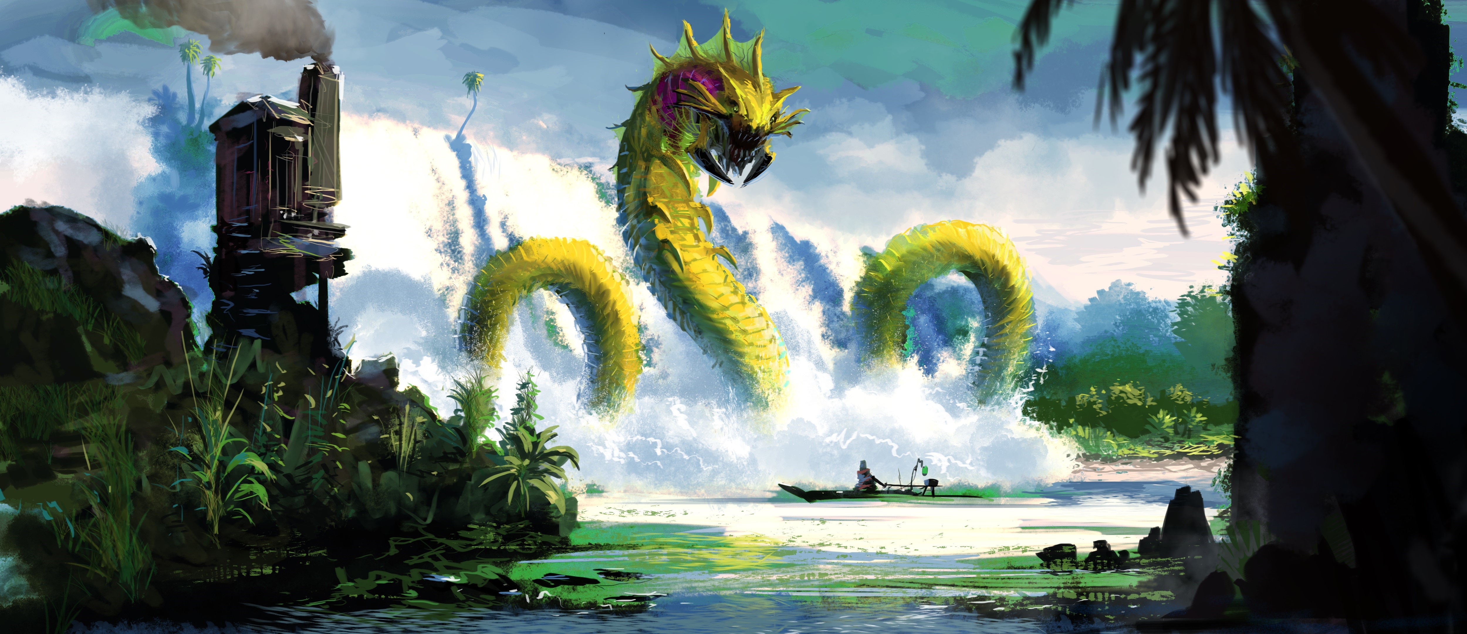 Giant Serpent Monster near Waterfall with Boat HD Wallpaper