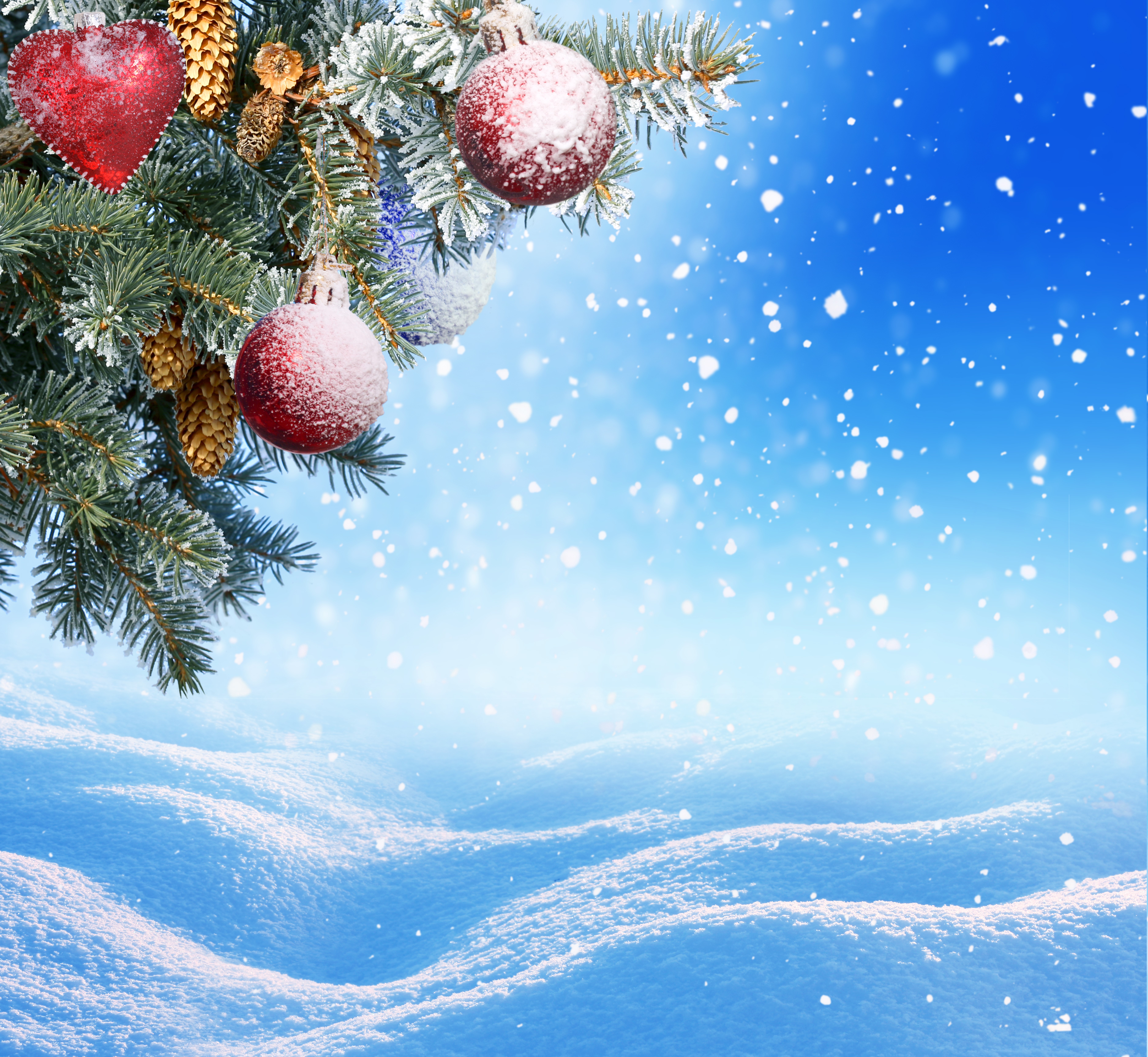 Christmas tree branches with ornaments and snow HD Wallpaper