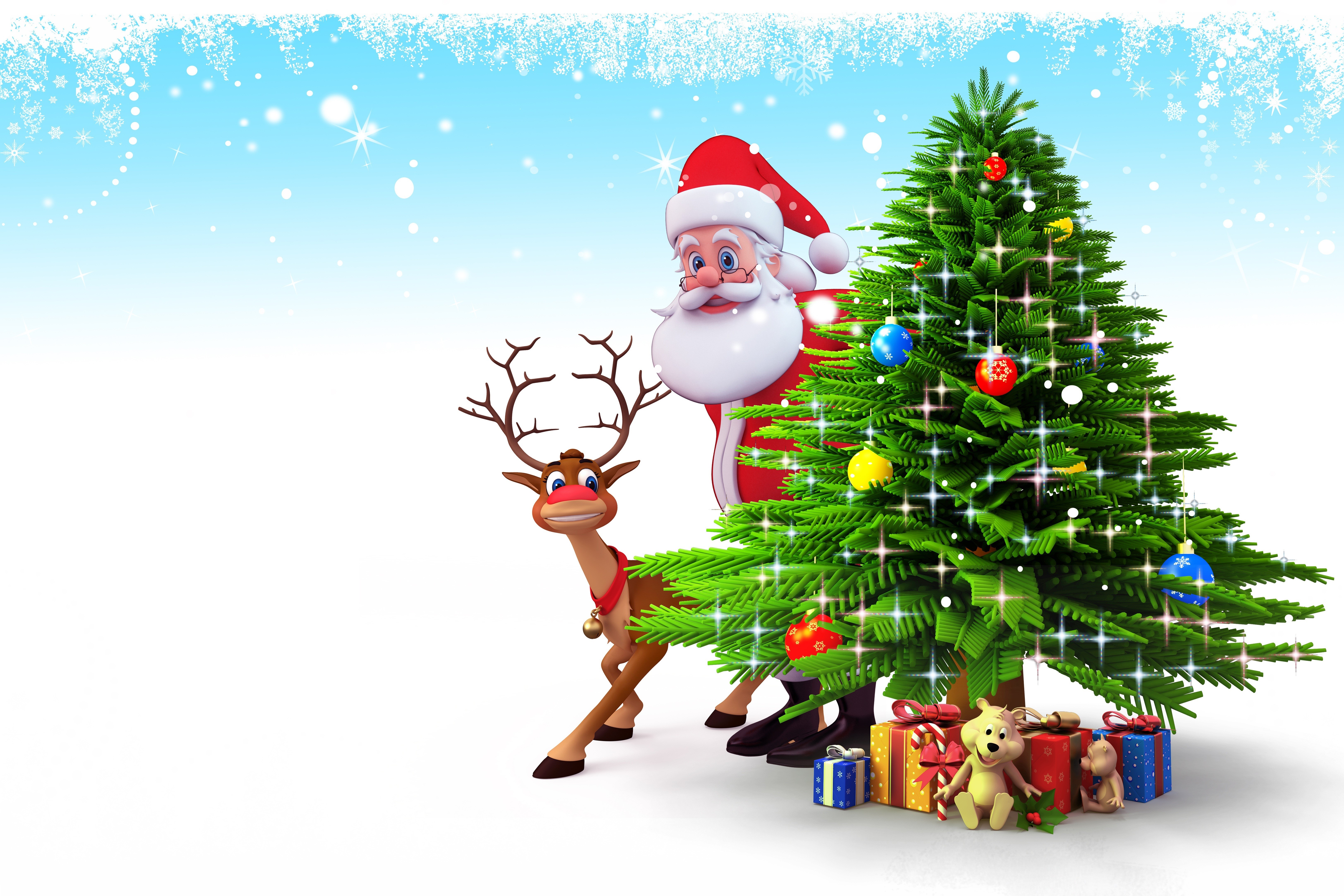 Santa Claus, Reindeer, and Christmas Tree with Gifts HD Wallpaper