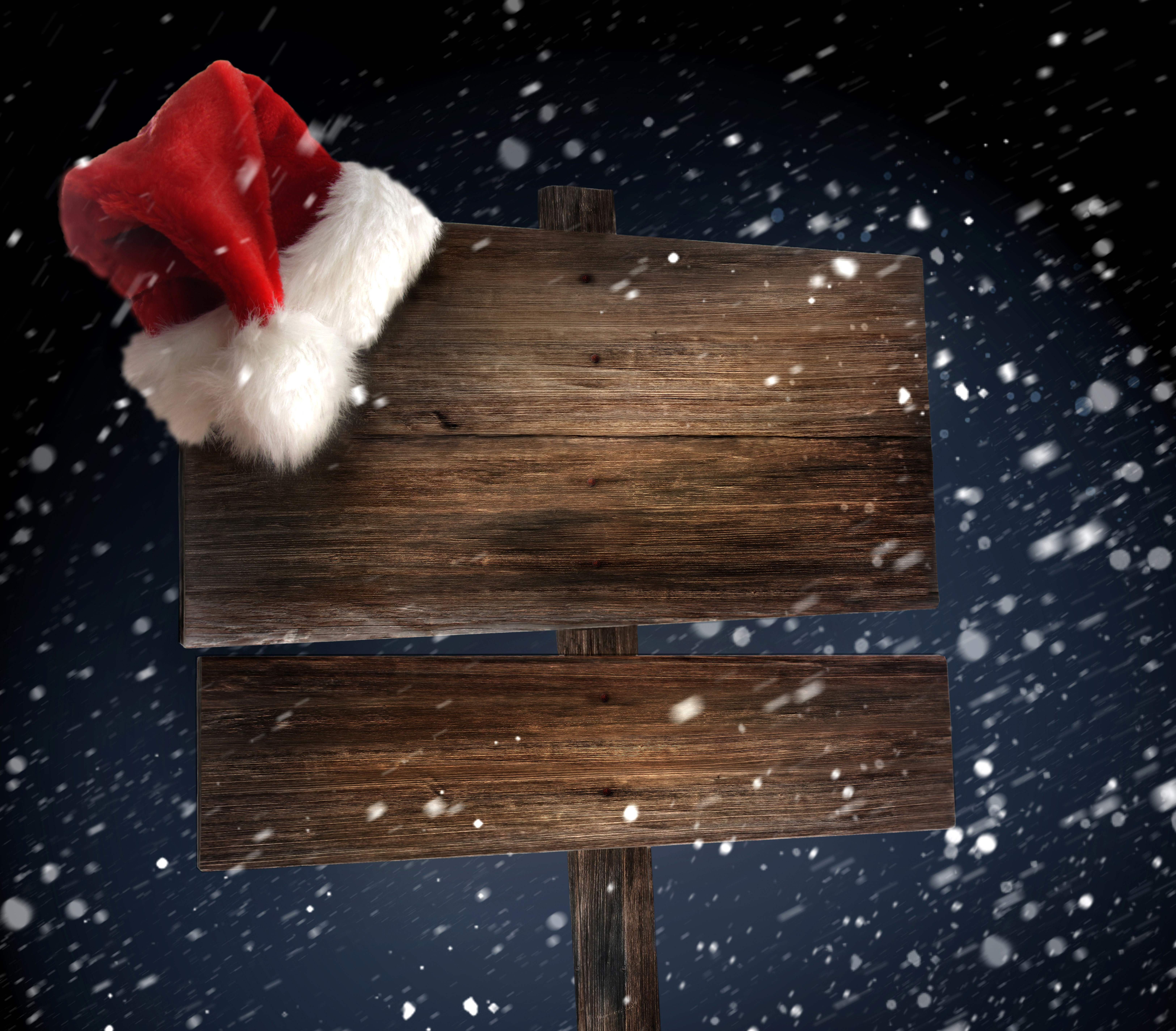 Christmas wooden sign with Santa hat and snowflakes HD Wallpaper