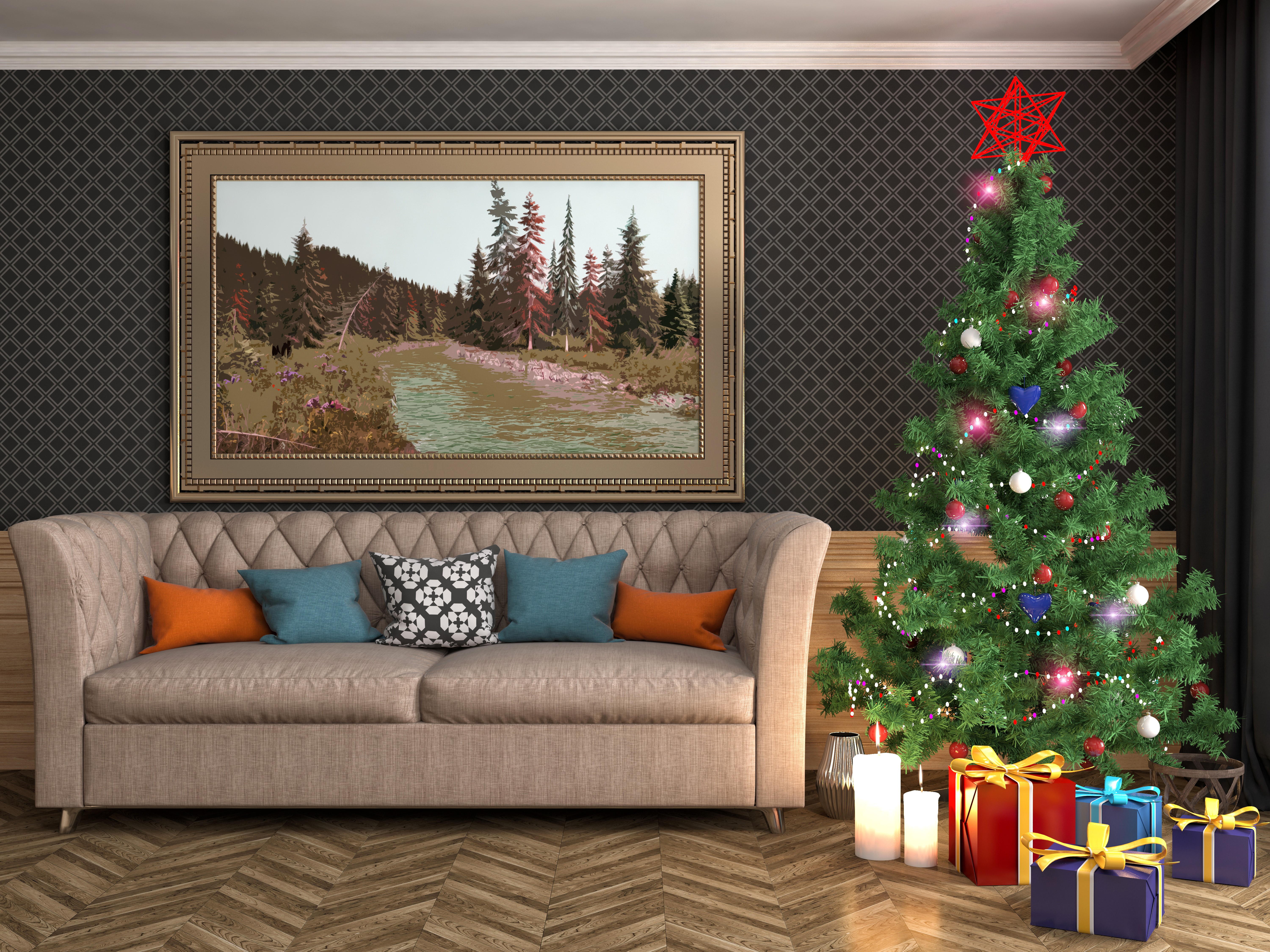 Christmas Tree and Sofa in a Living Room HD Wallpaper