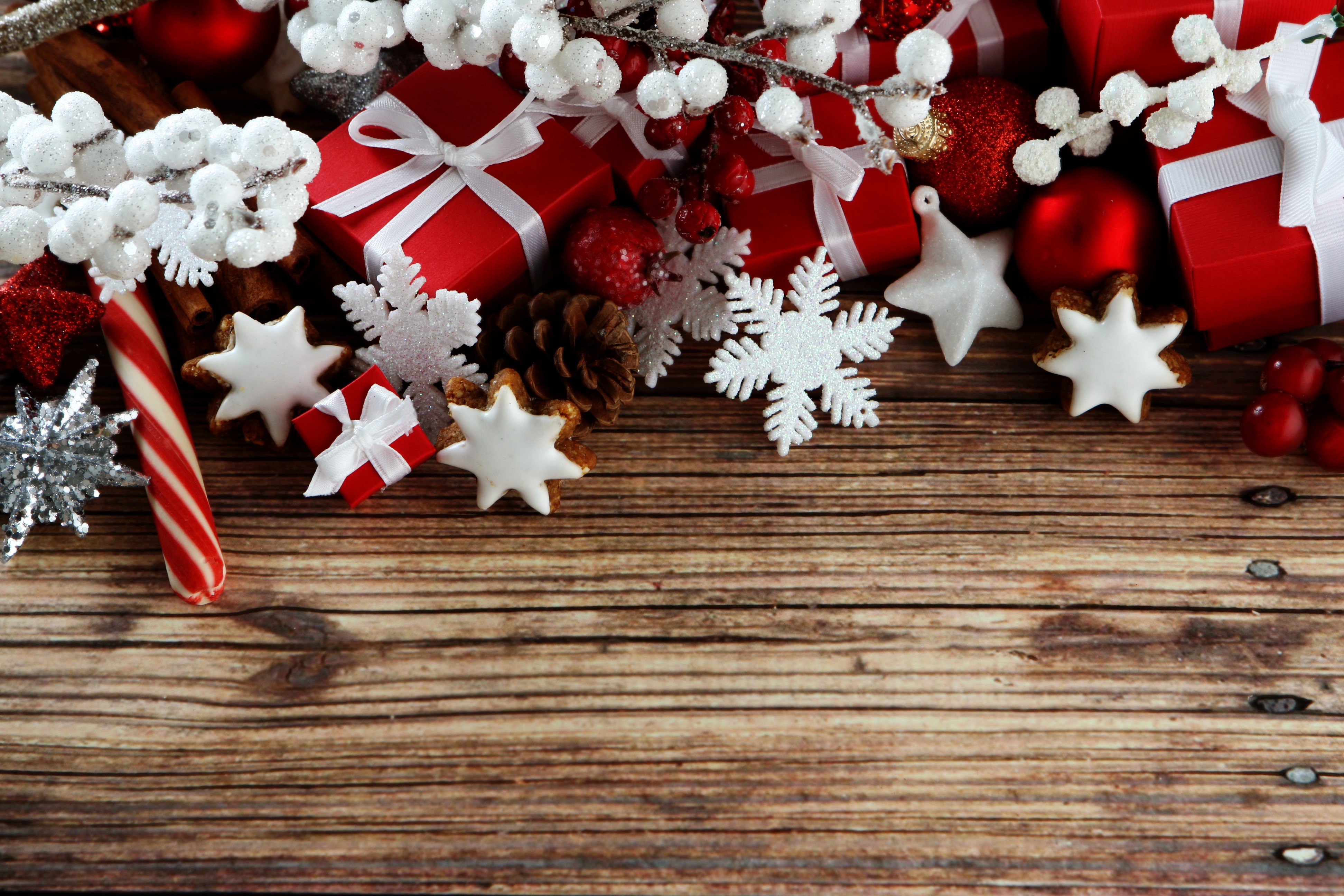 Christmas Decorations with Gifts and Cookies on Wood HD Wallpaper