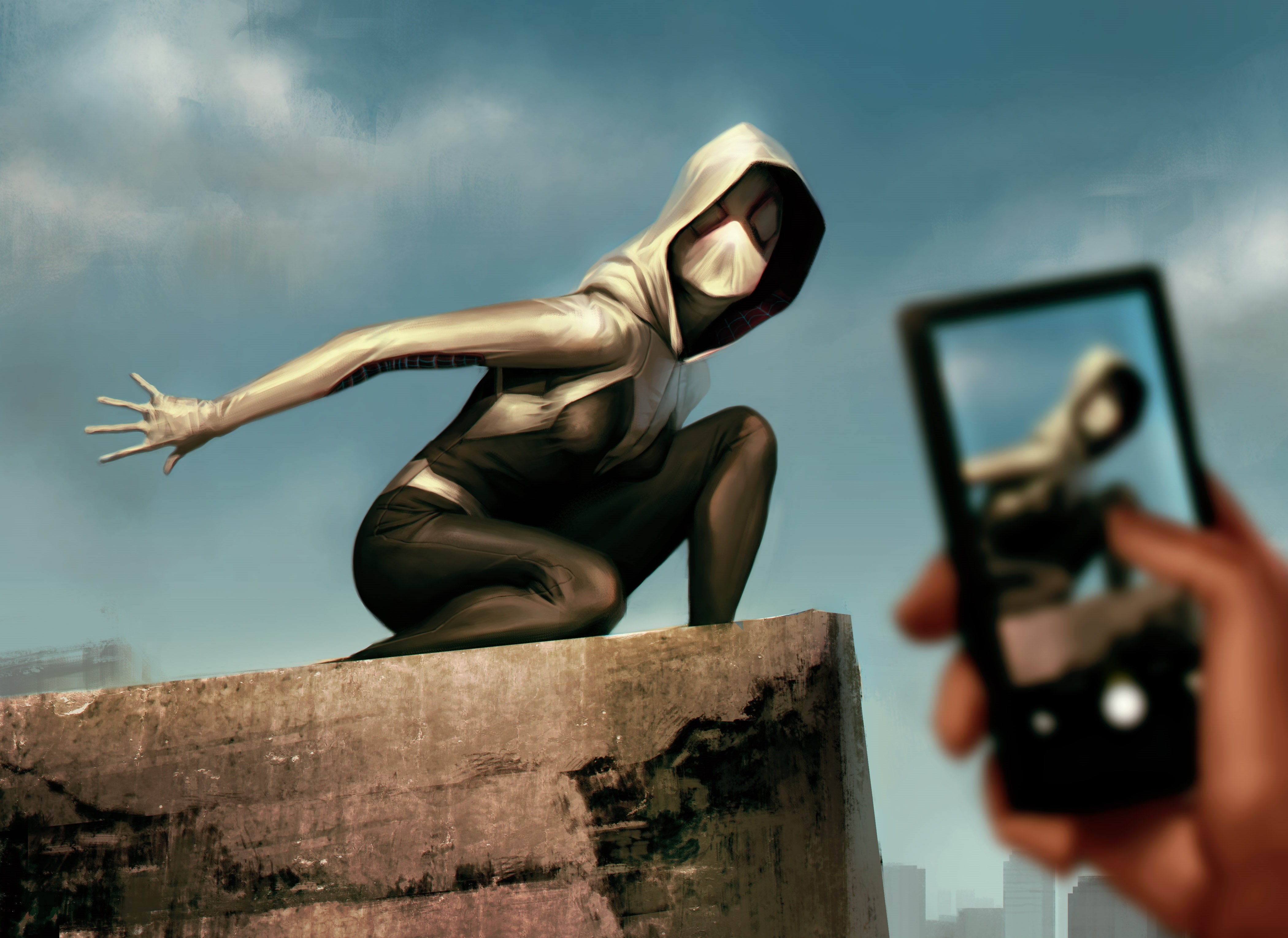 Spider-Gwen posing for a smartphone photo HD Wallpaper