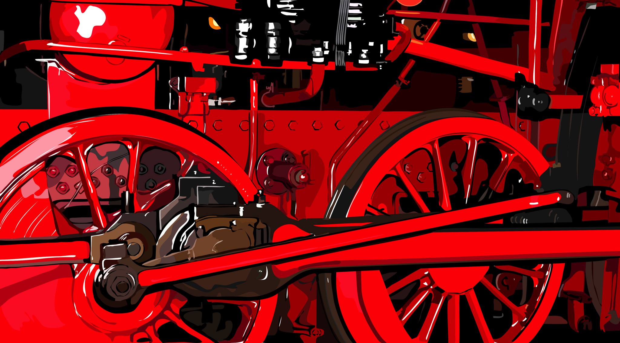 Red steam locomotive wheels and machinery HD Wallpaper