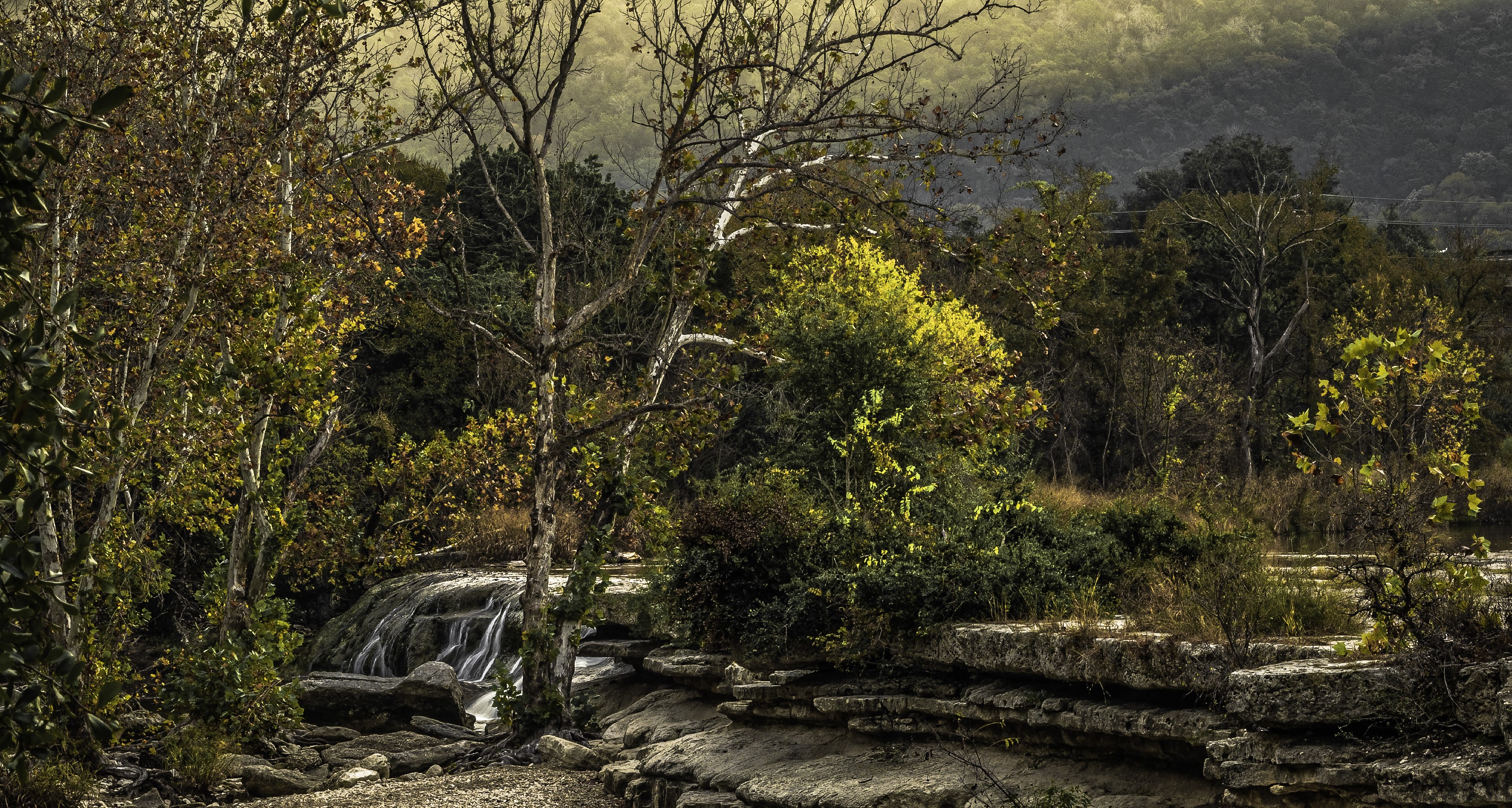 Waterfall and trees in Bull Creek District Park, Austin, Texas HD Wallpaper
