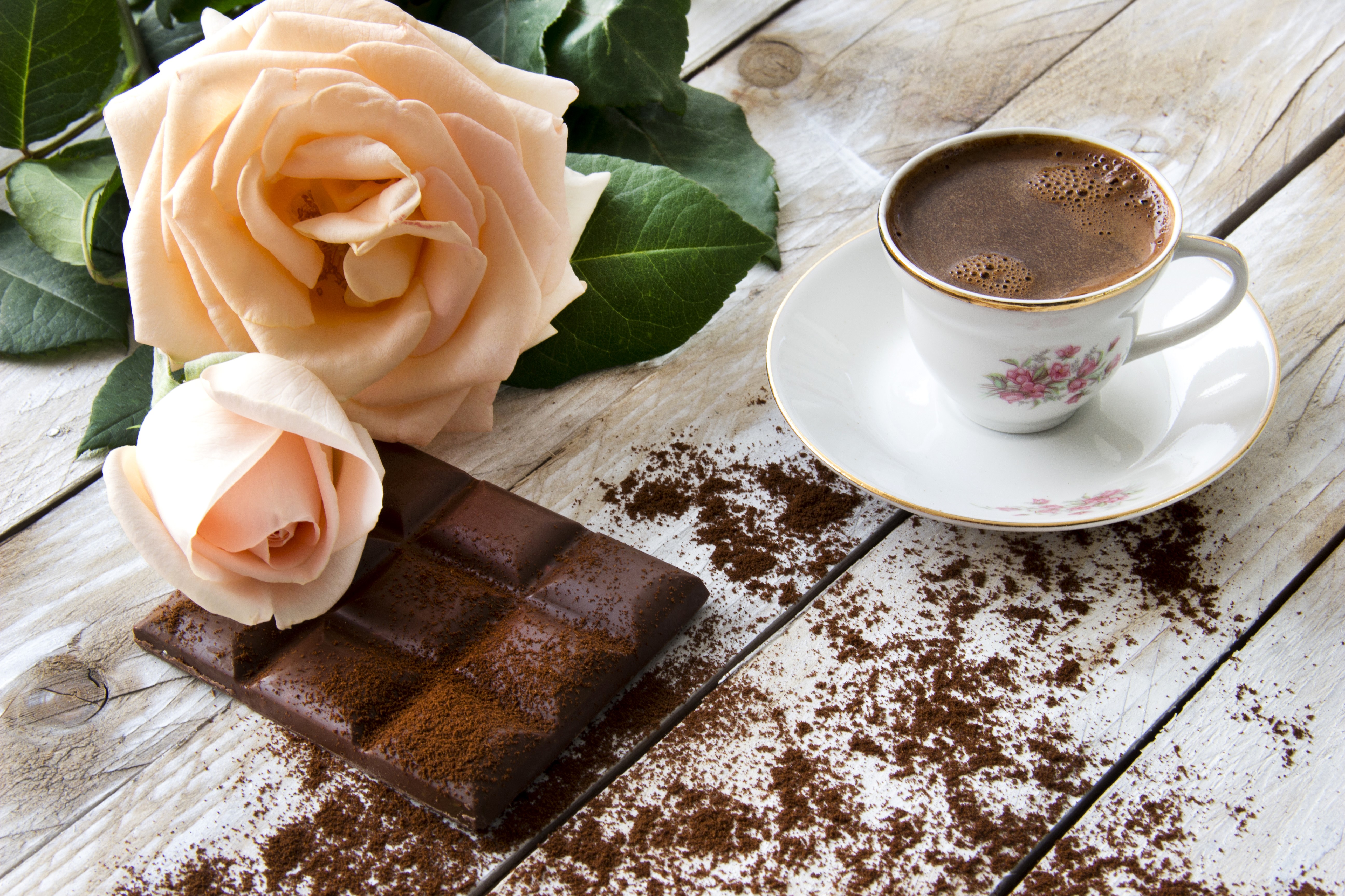 Roses, Coffee, and Chocolate on Wood HD Wallpaper
