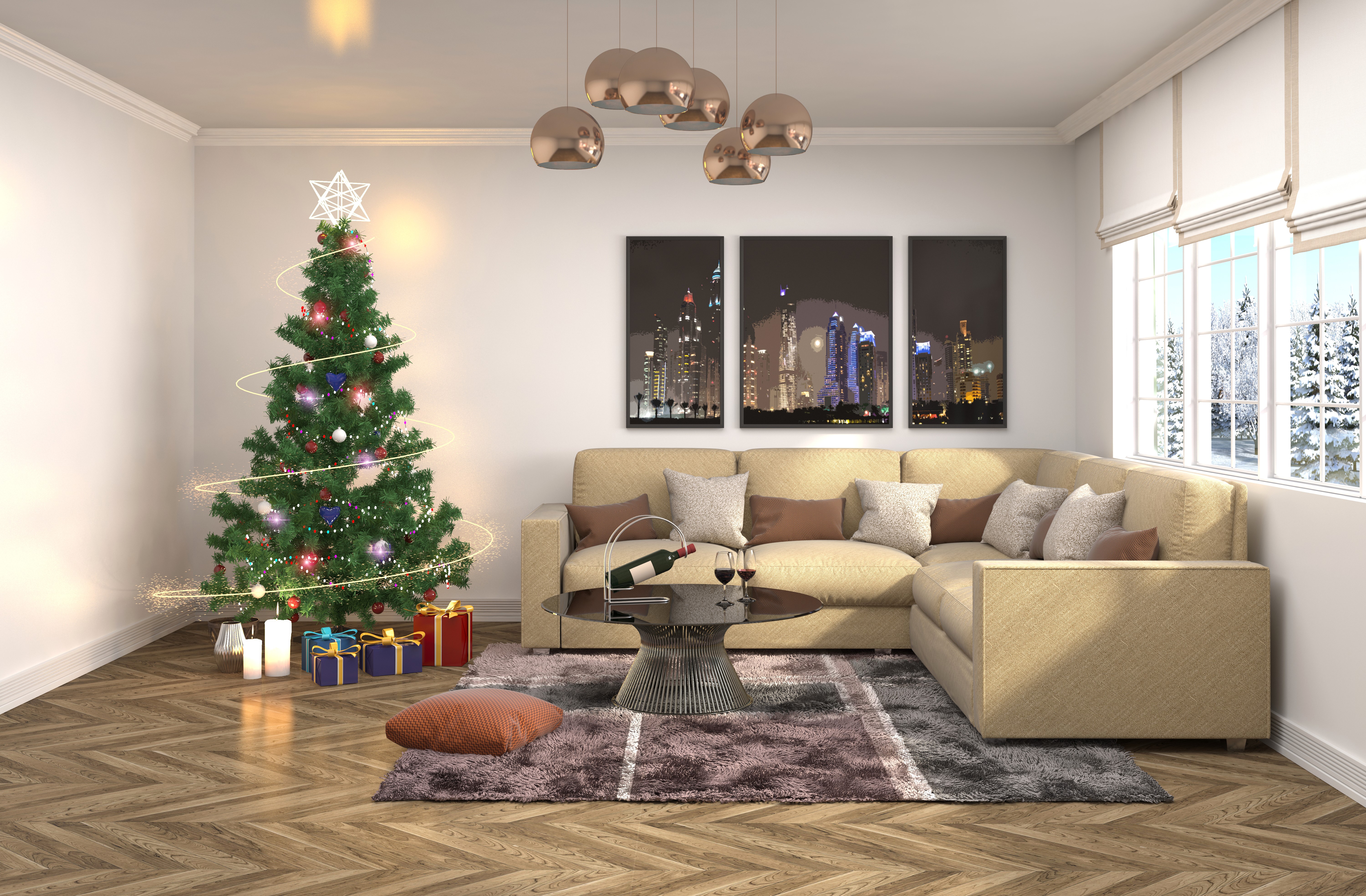 Christmas interior with tree, sofa, and city art HD Wallpaper