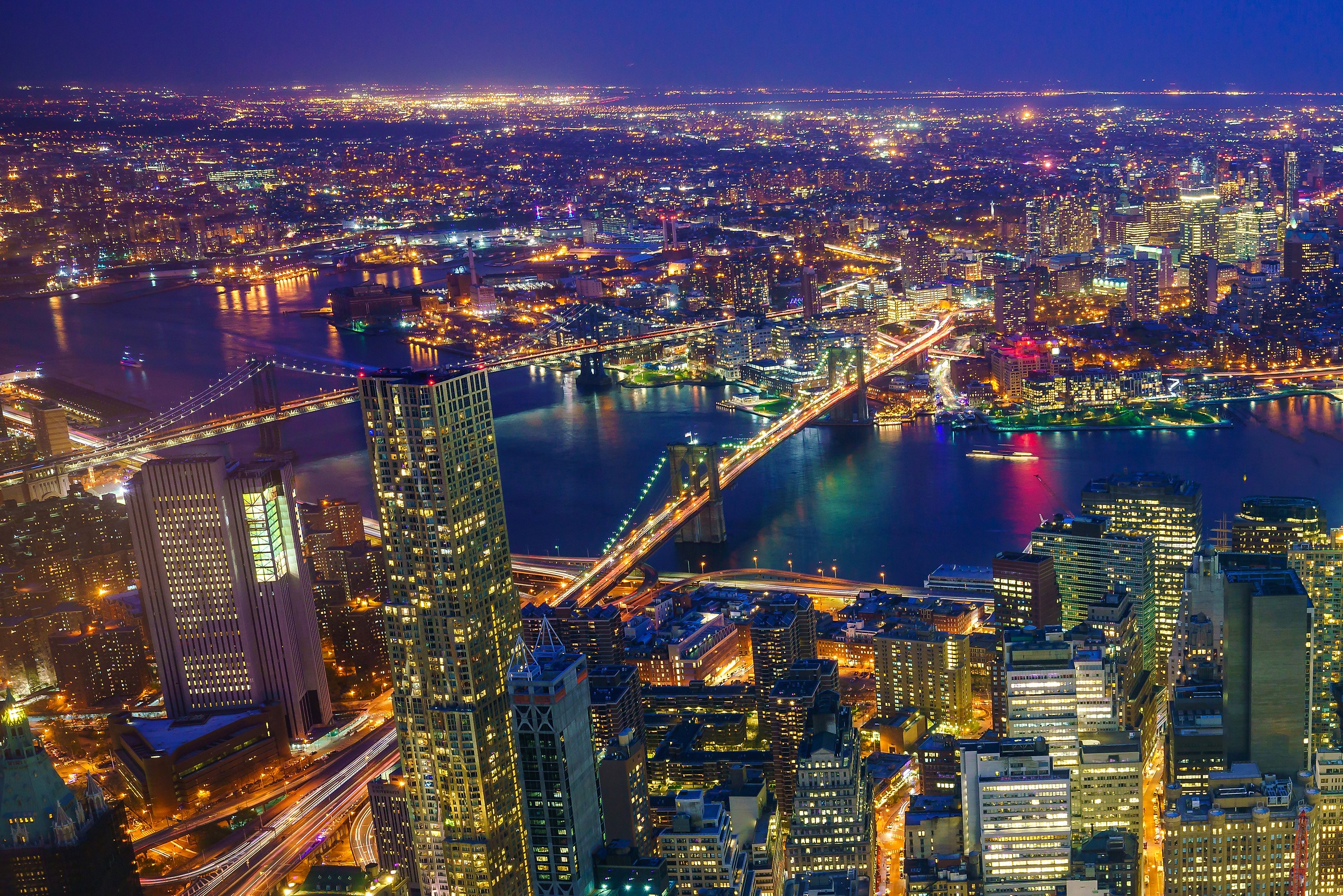 New York City Skyline at Night with Bridges HD Wallpaper