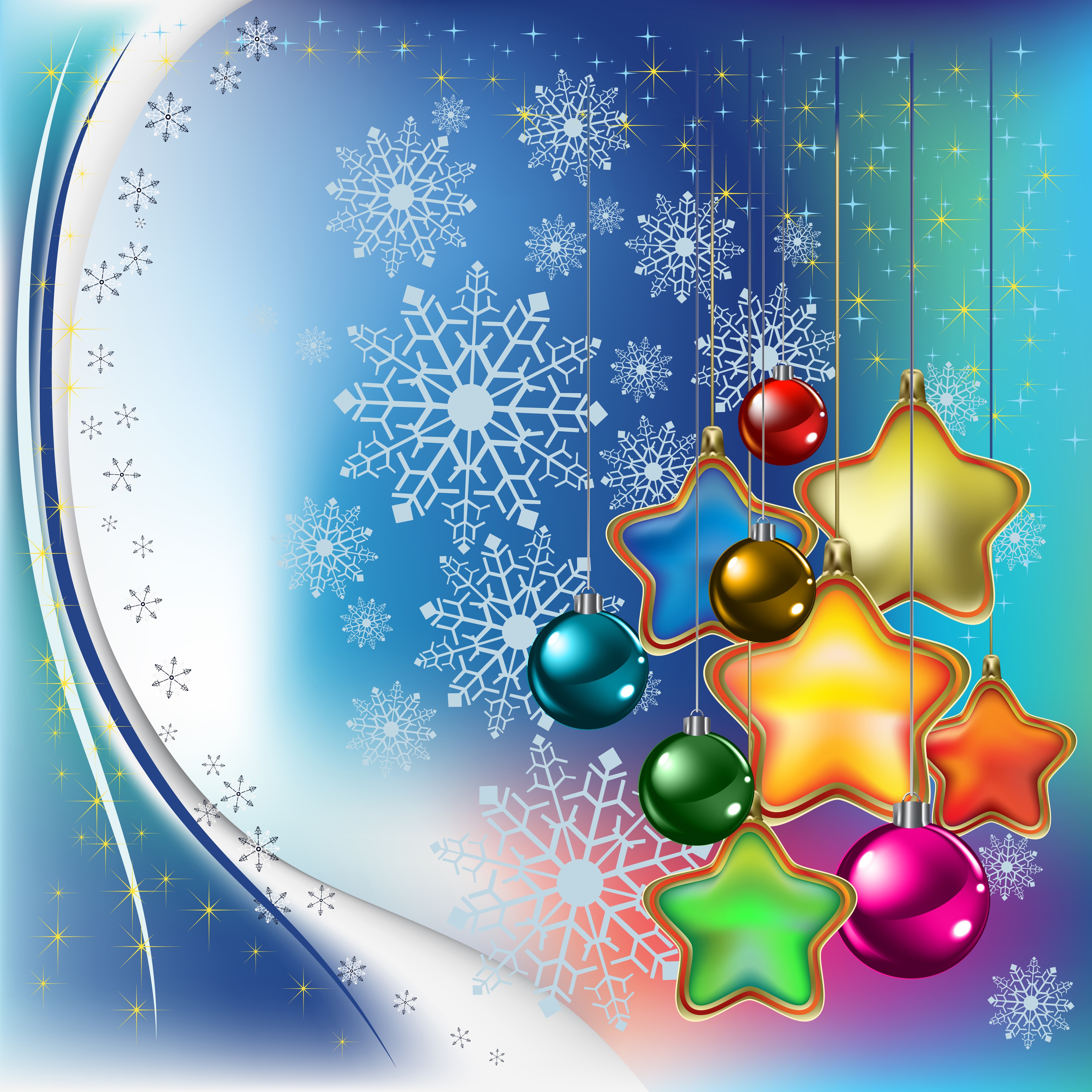 Christmas snowflakes and star decorations with balls HD Wallpaper