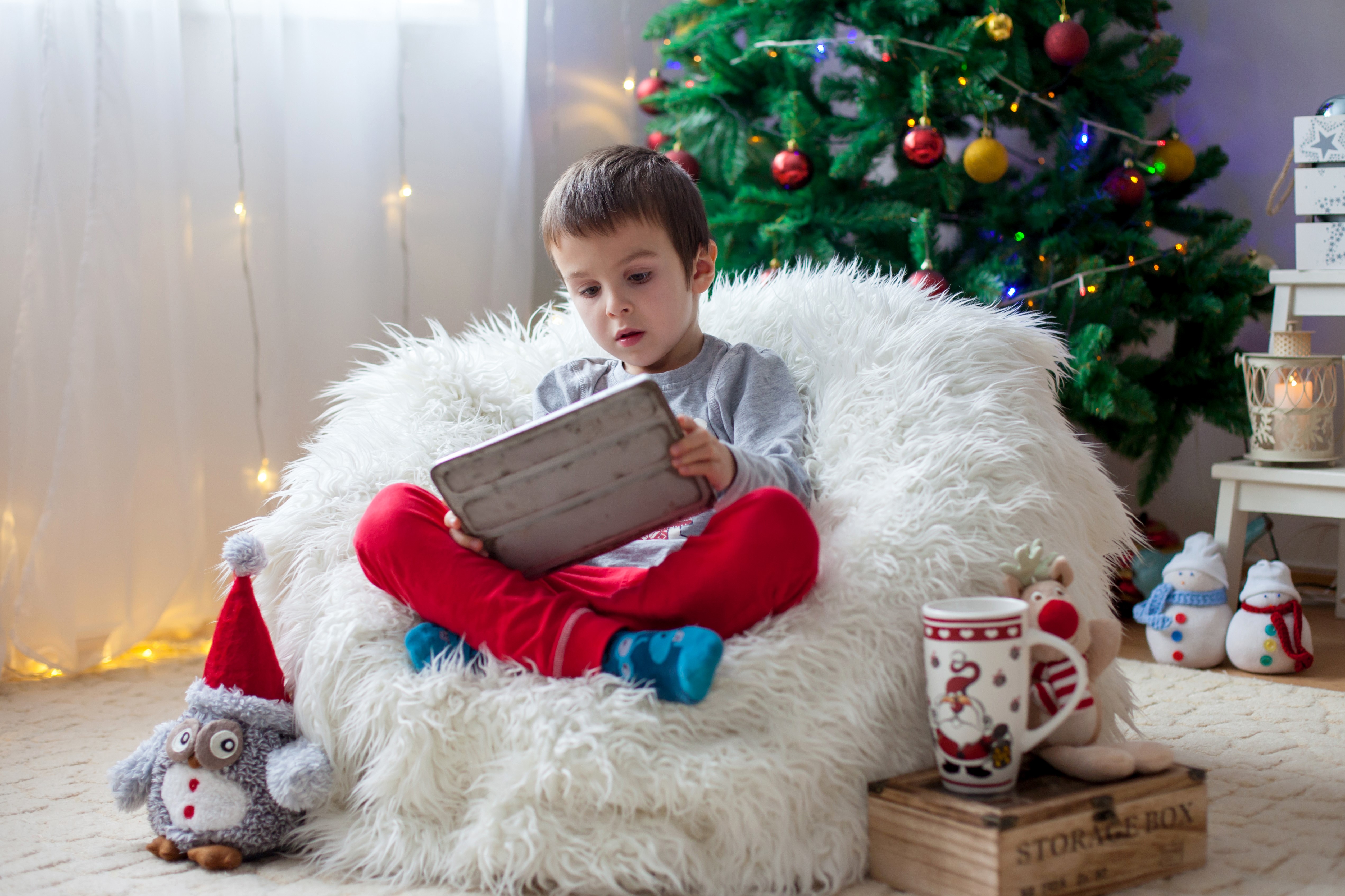 Boy using tablet near Christmas tree HD Wallpaper