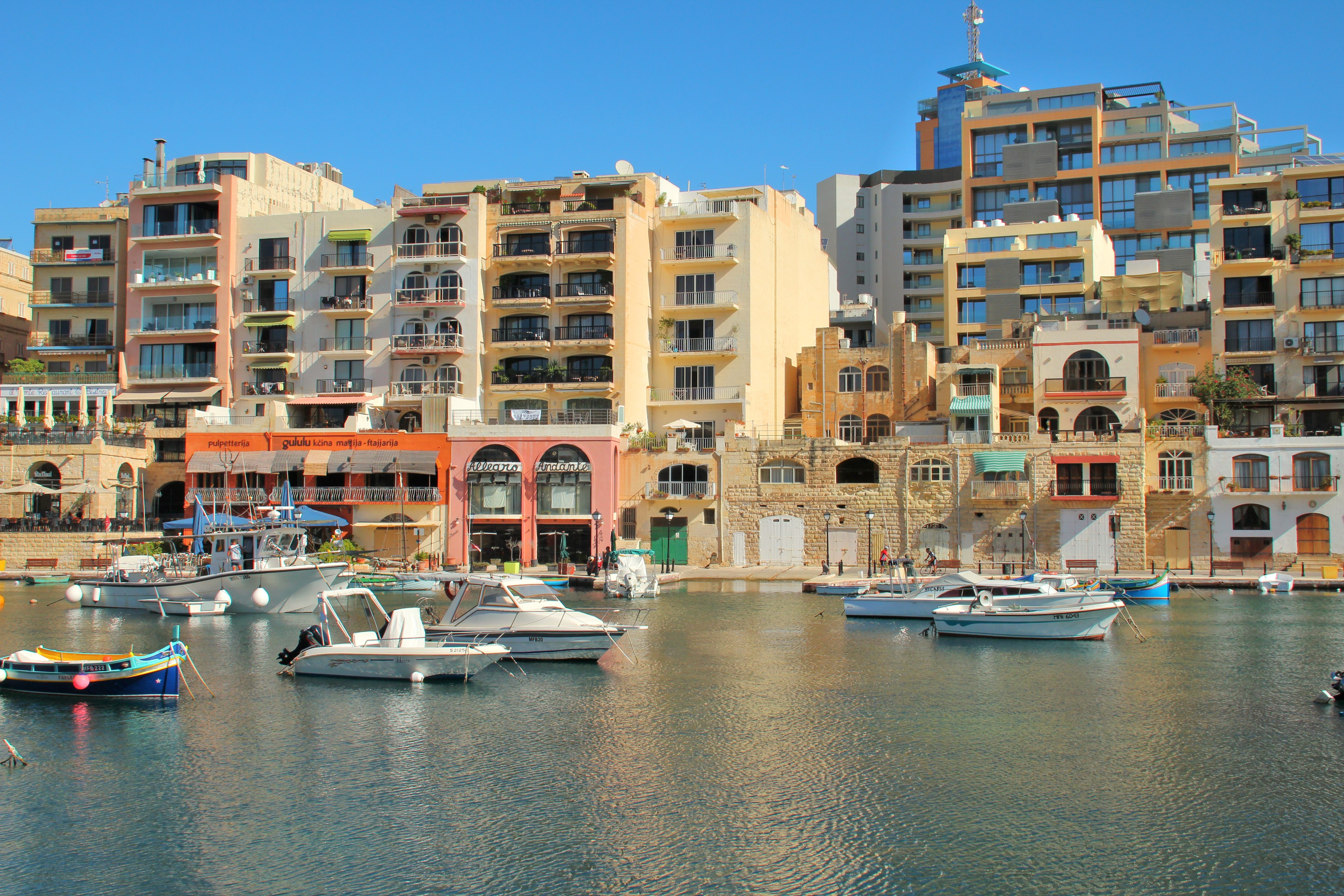 Saint Julian's Malta Marina with Boats and Buildings HD Wallpaper