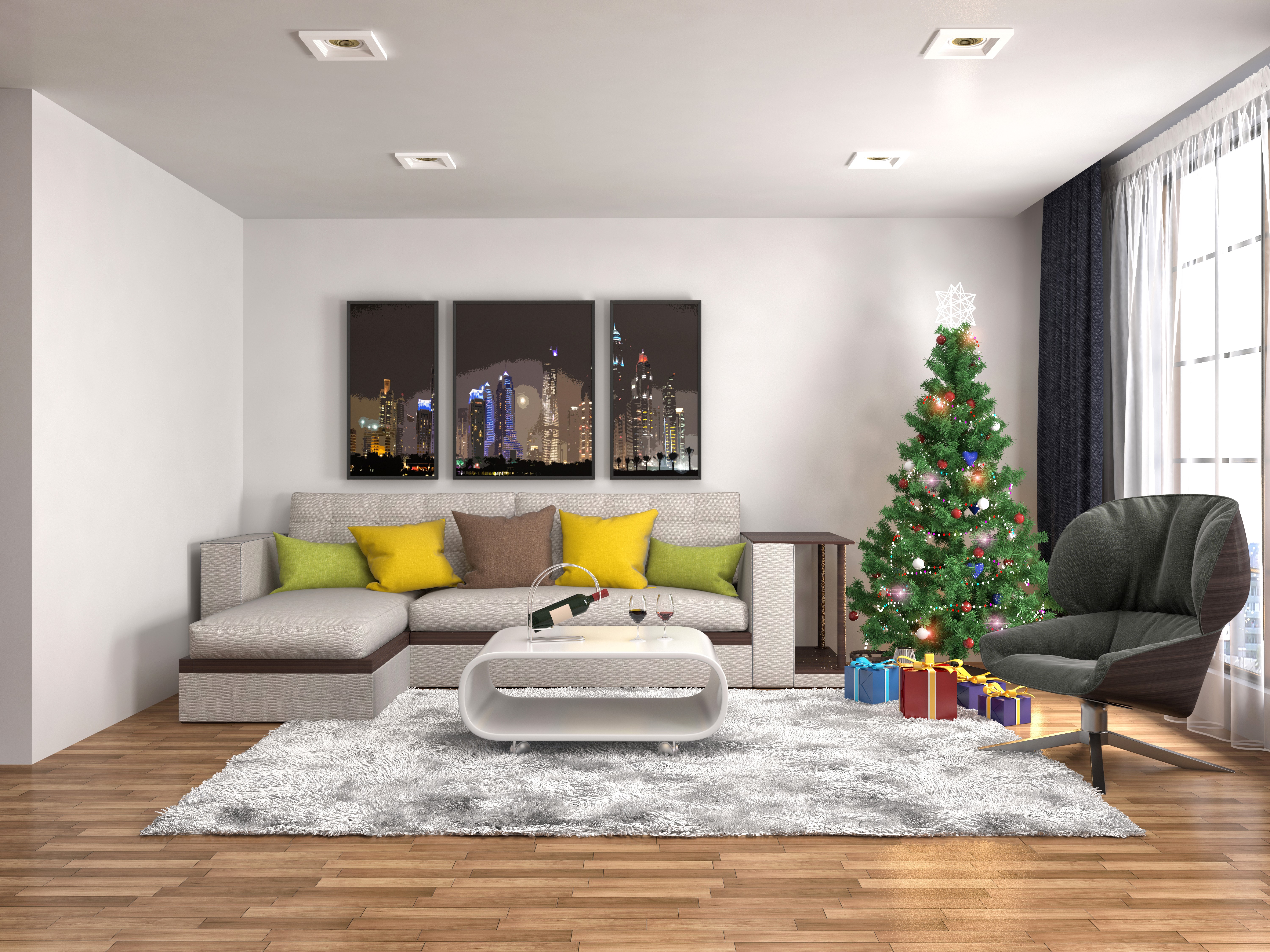 Living room with Christmas tree and gifts HD Wallpaper