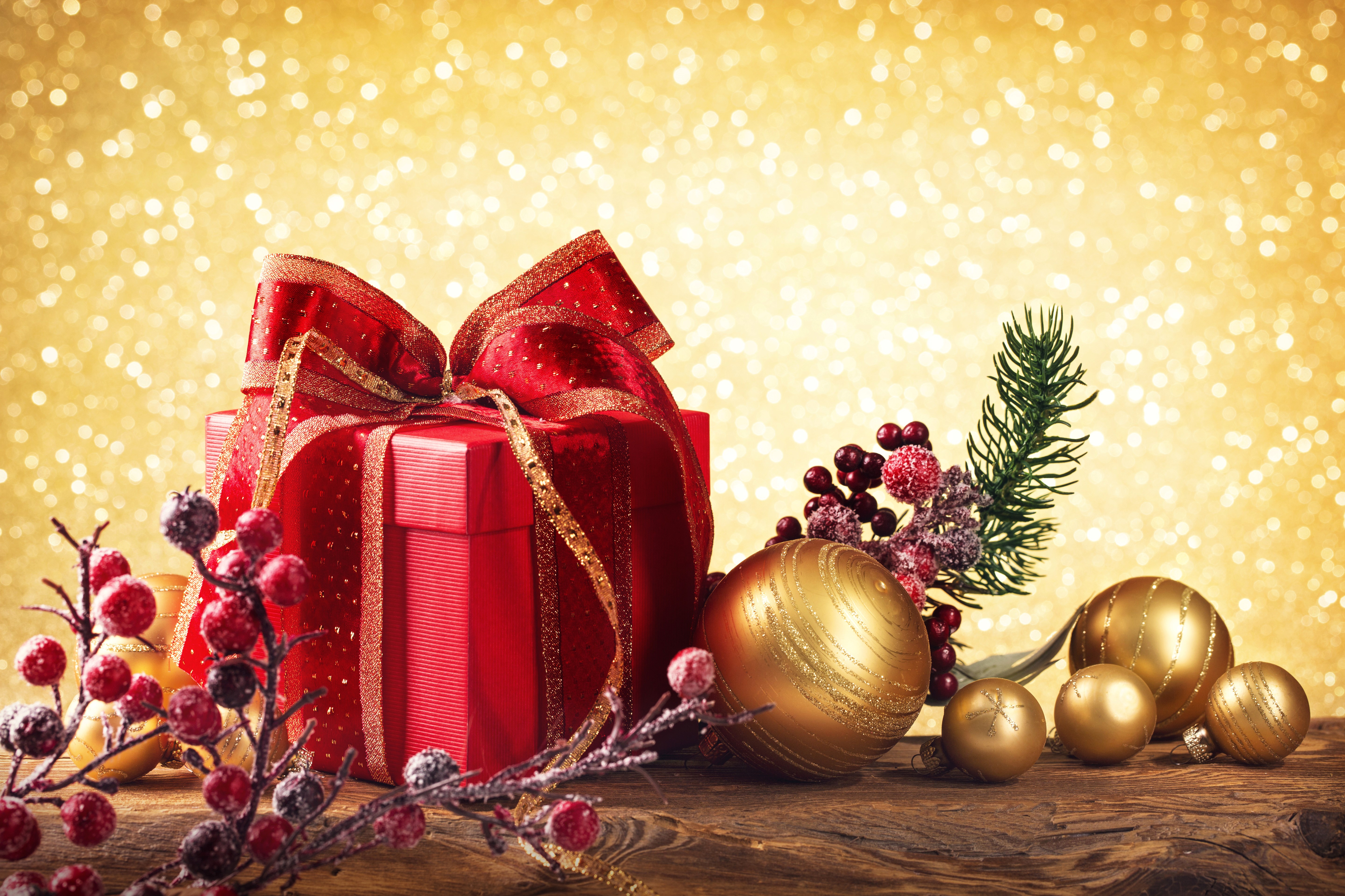 Christmas Gift Box with Ornaments and Pine Branch HD Wallpaper