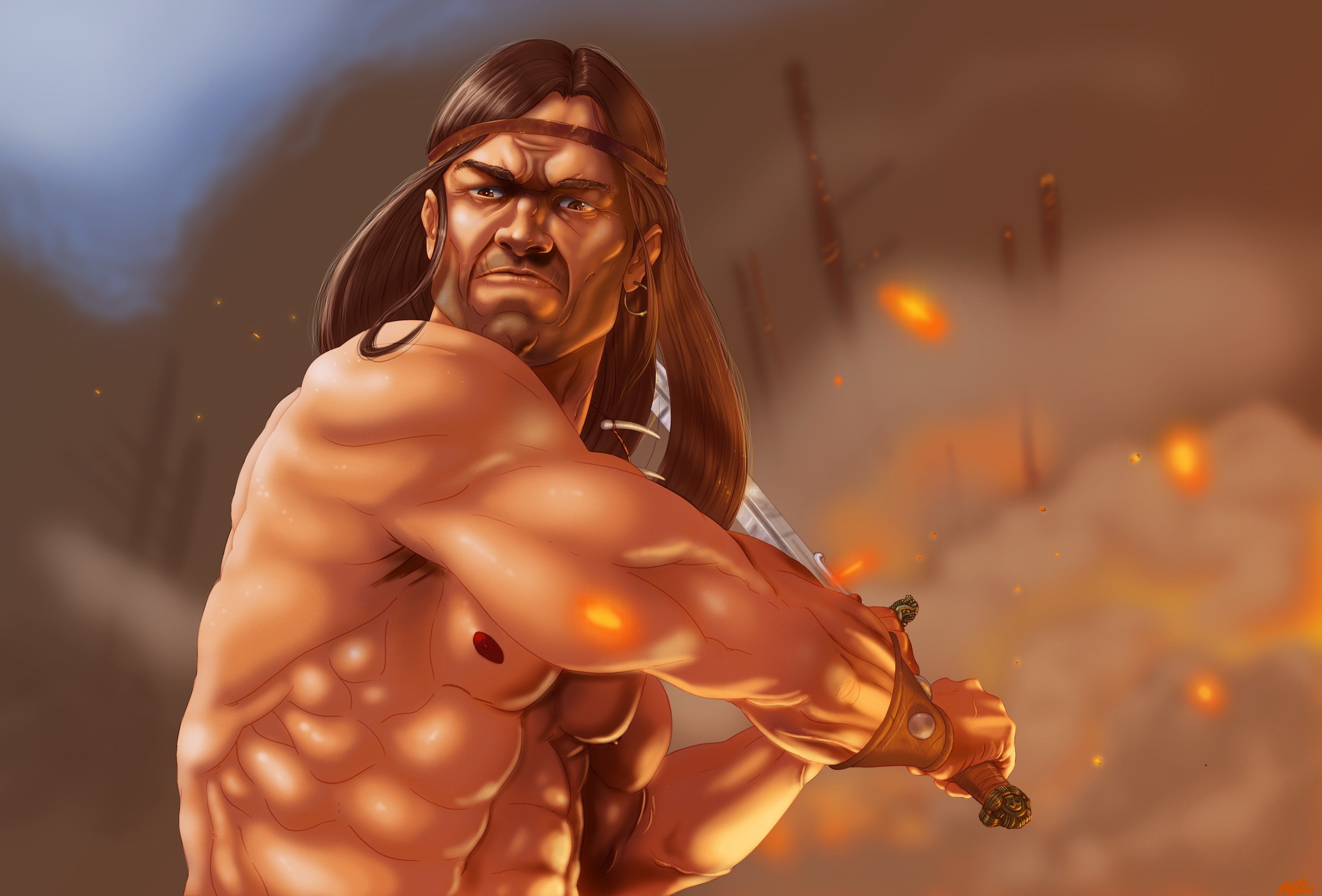 Muscular warrior with sword in battle HD Wallpaper