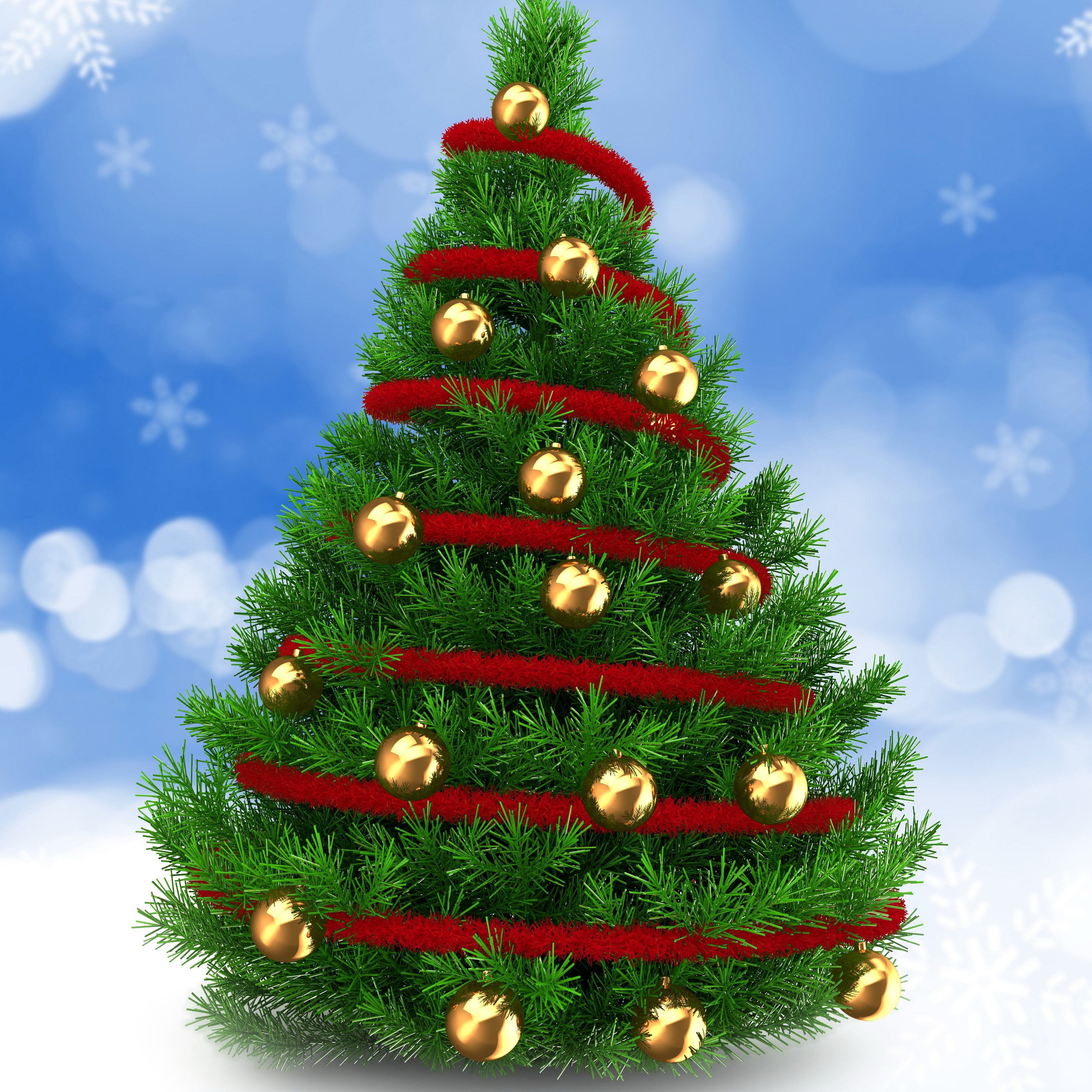 Christmas tree decorated with red tinsel and golden balls HD Wallpaper