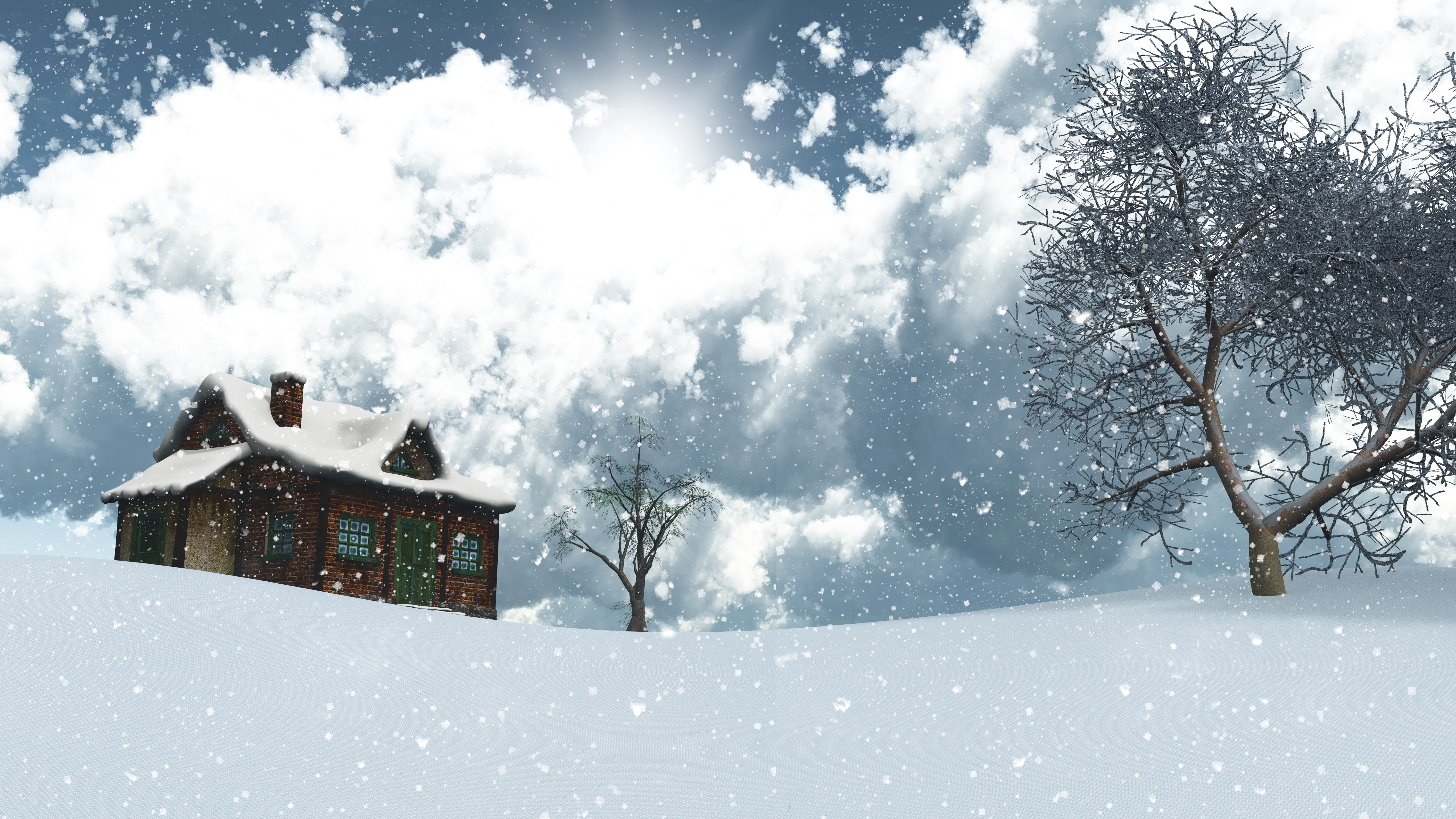 Winter scene with a house and trees in the snow HD Wallpaper