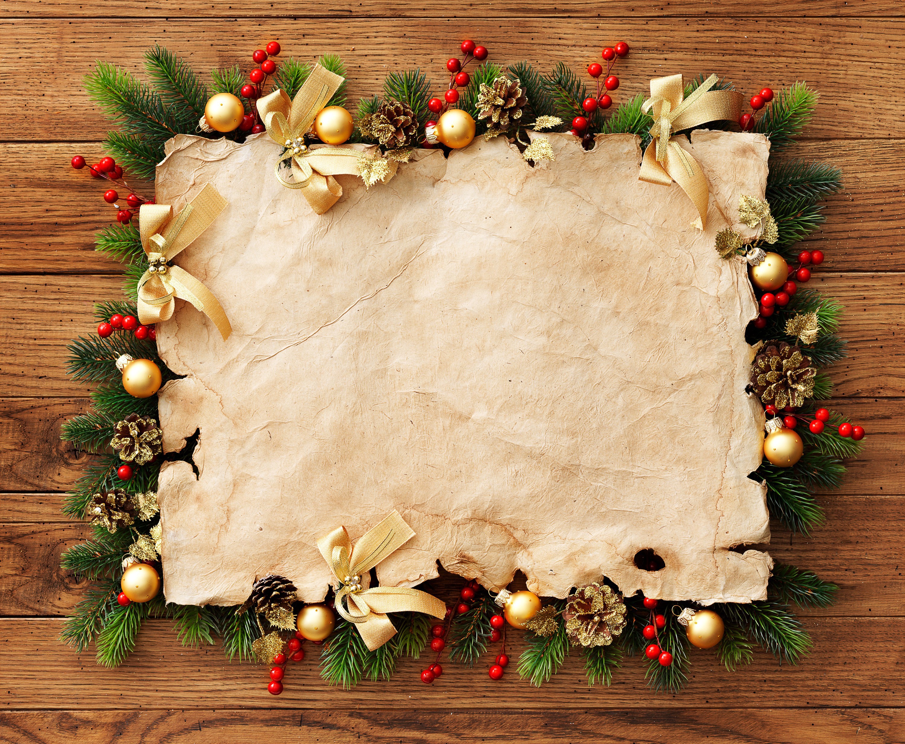 Christmas greeting card template with ornaments and pine cones HD Wallpaper