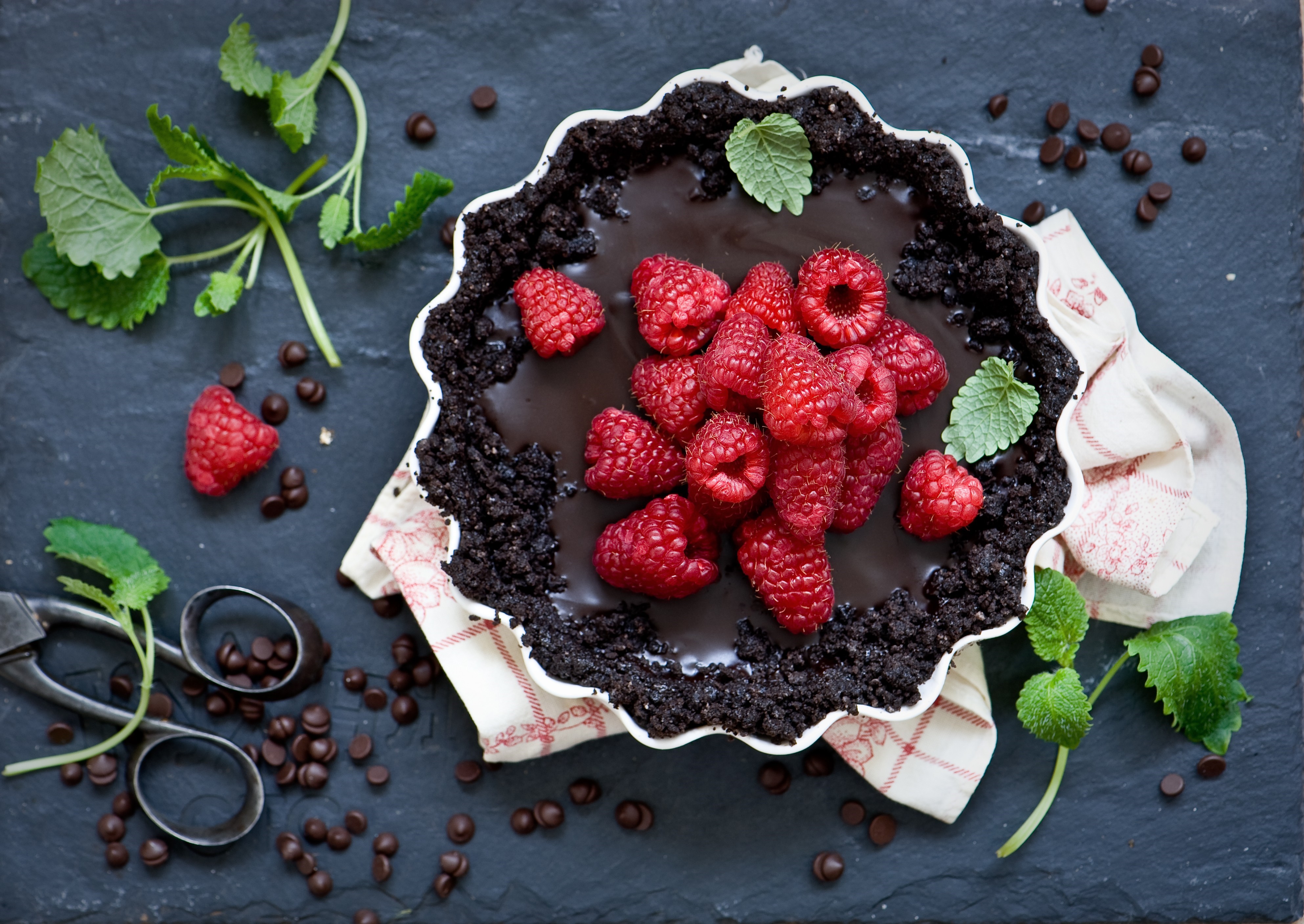 Chocolate Raspberry Tart with Mint and Chocolate Chips HD Wallpaper