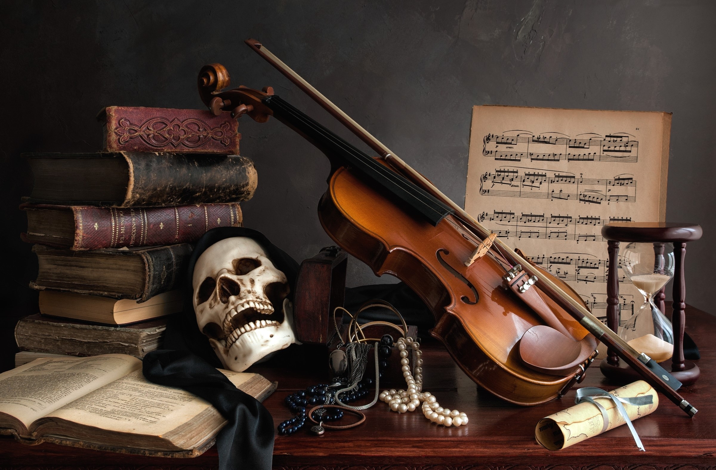 Still life with violin, skull, books, and hourglass HD Wallpaper