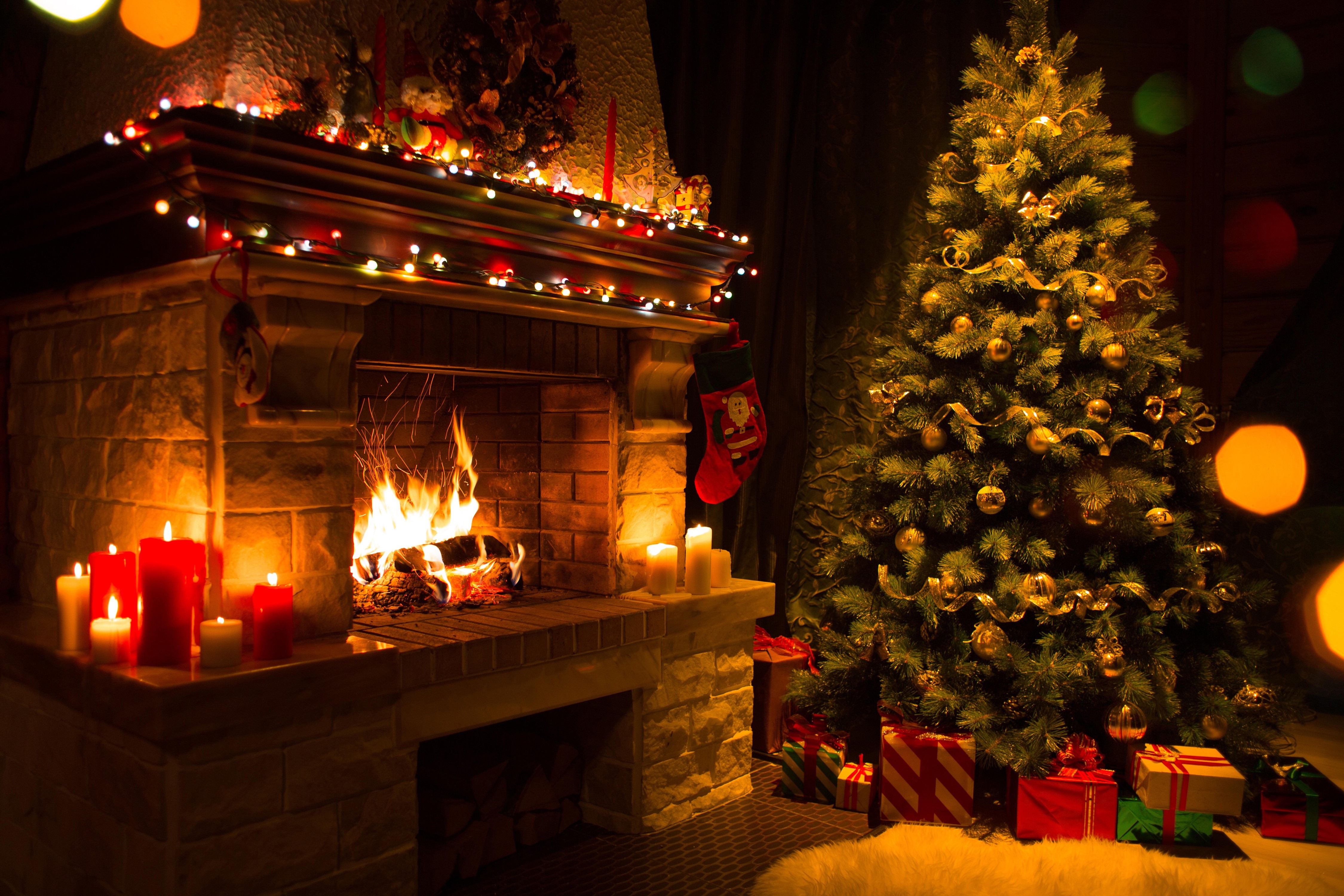 4K Christmas Fireplace with Tree and Gifts HD Wallpaper
