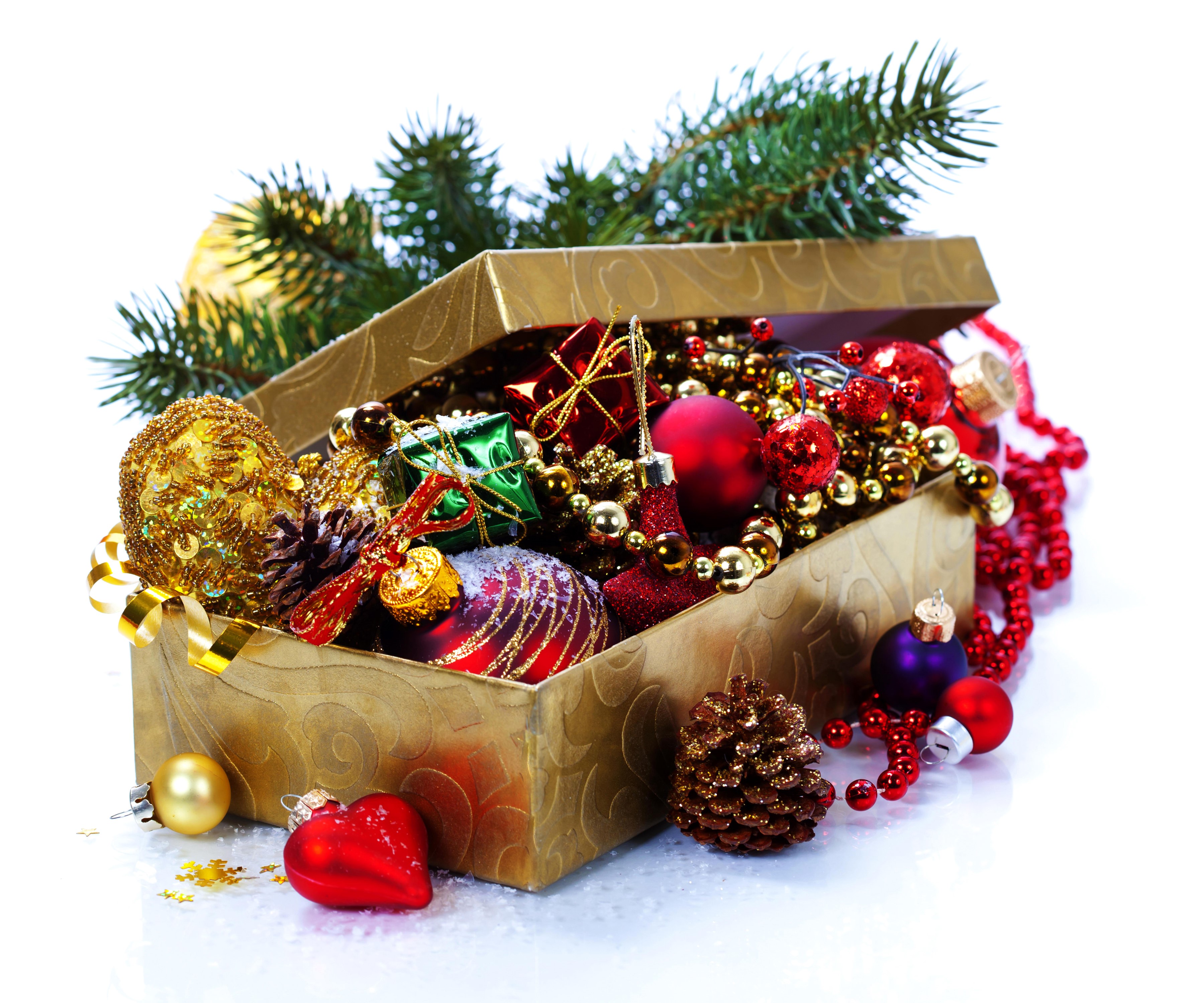Christmas Ornaments in a Box with Pine Branches HD Wallpaper