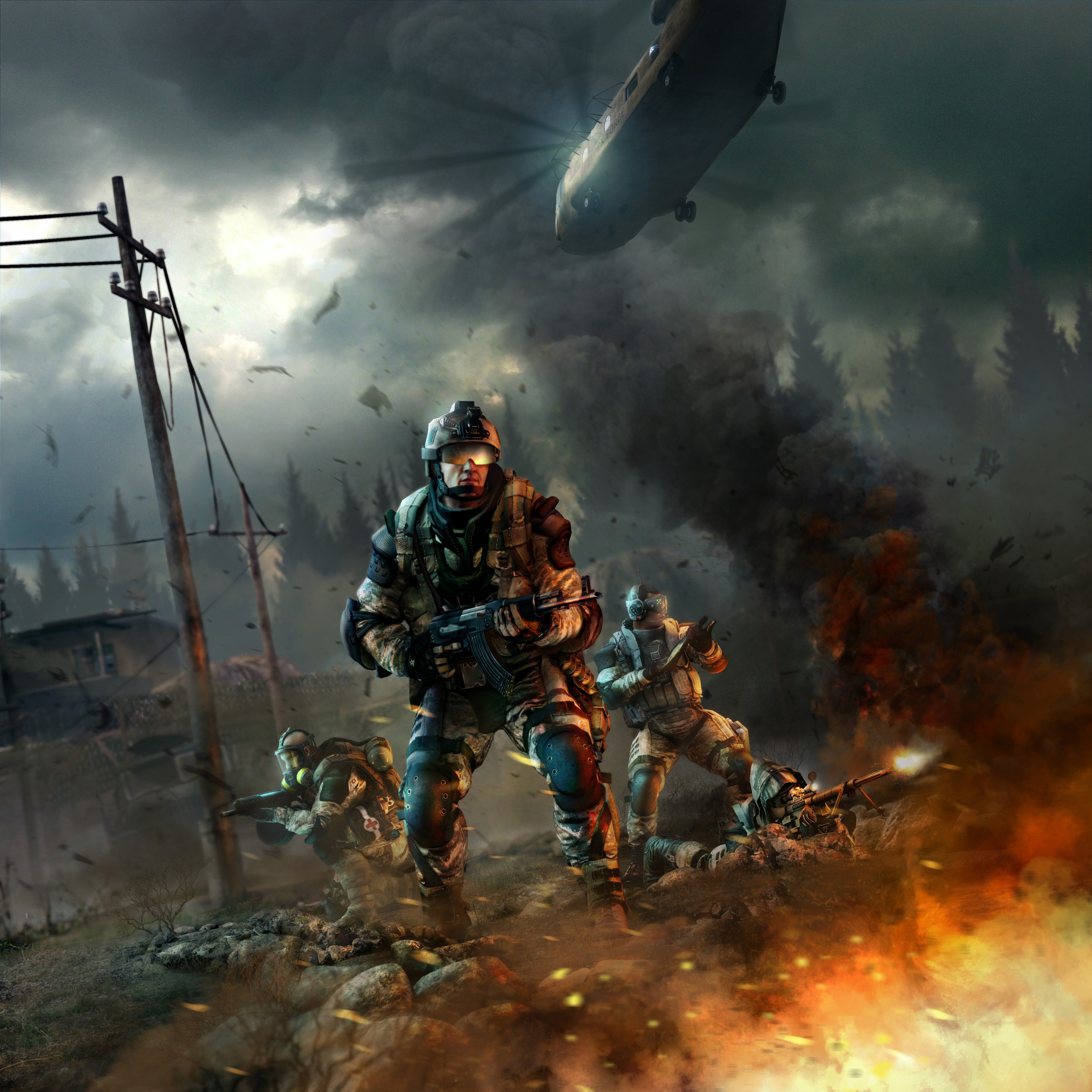 Soldiers in combat with helicopter overhead HD Wallpaper