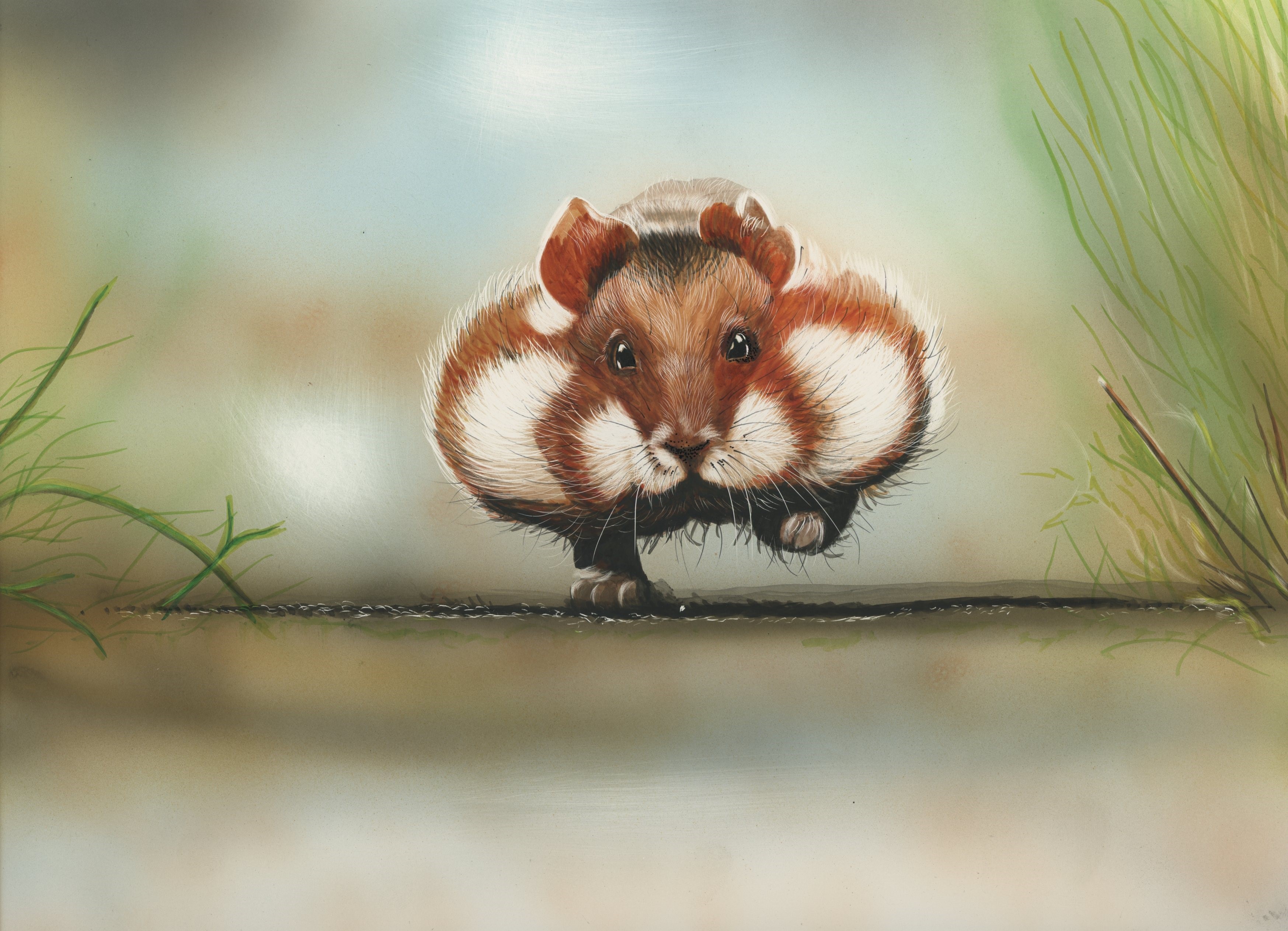 Painting of a hamster with full cheeks running HD Wallpaper