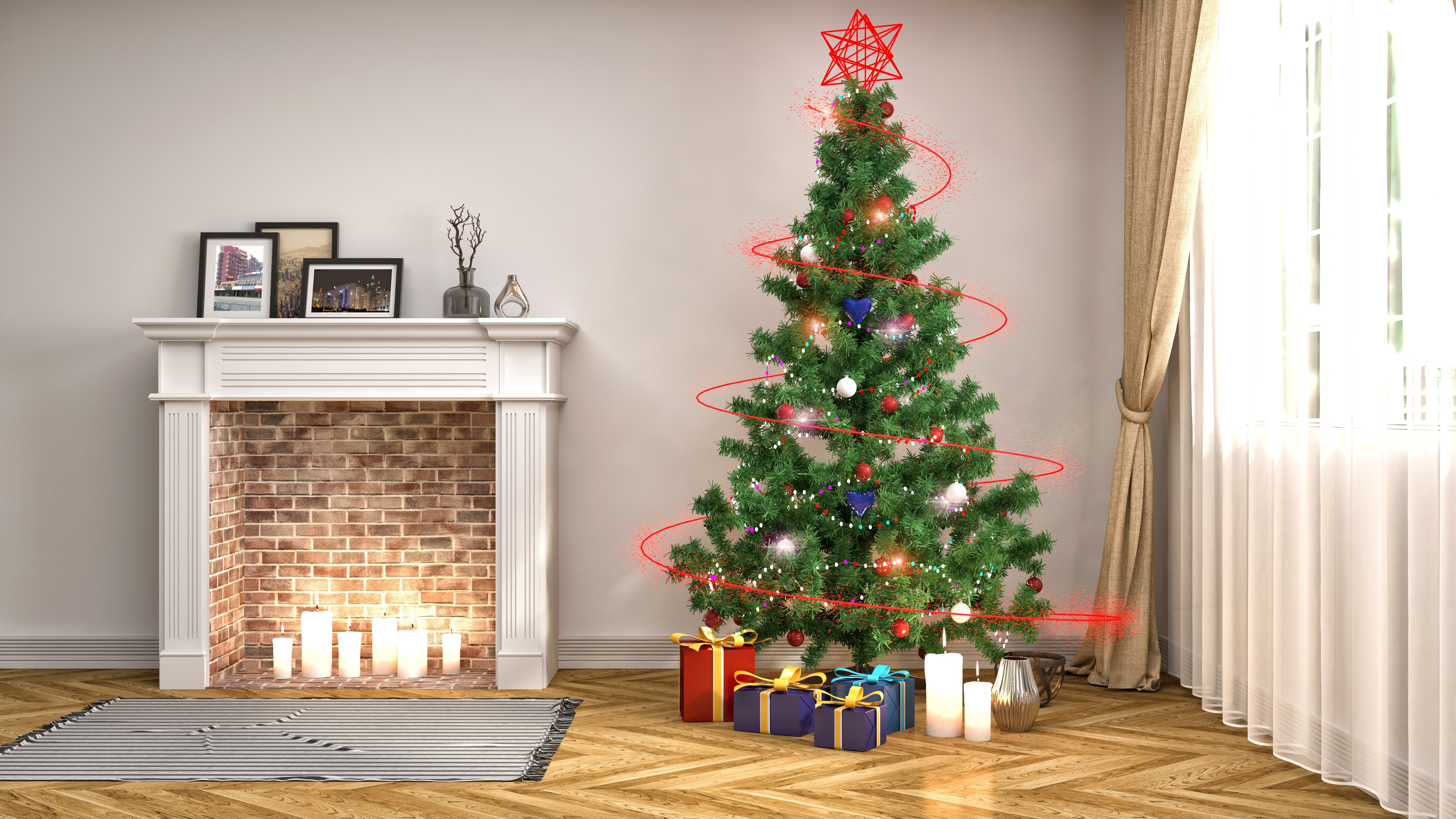 Christmas tree with gifts and fireplace HD Wallpaper