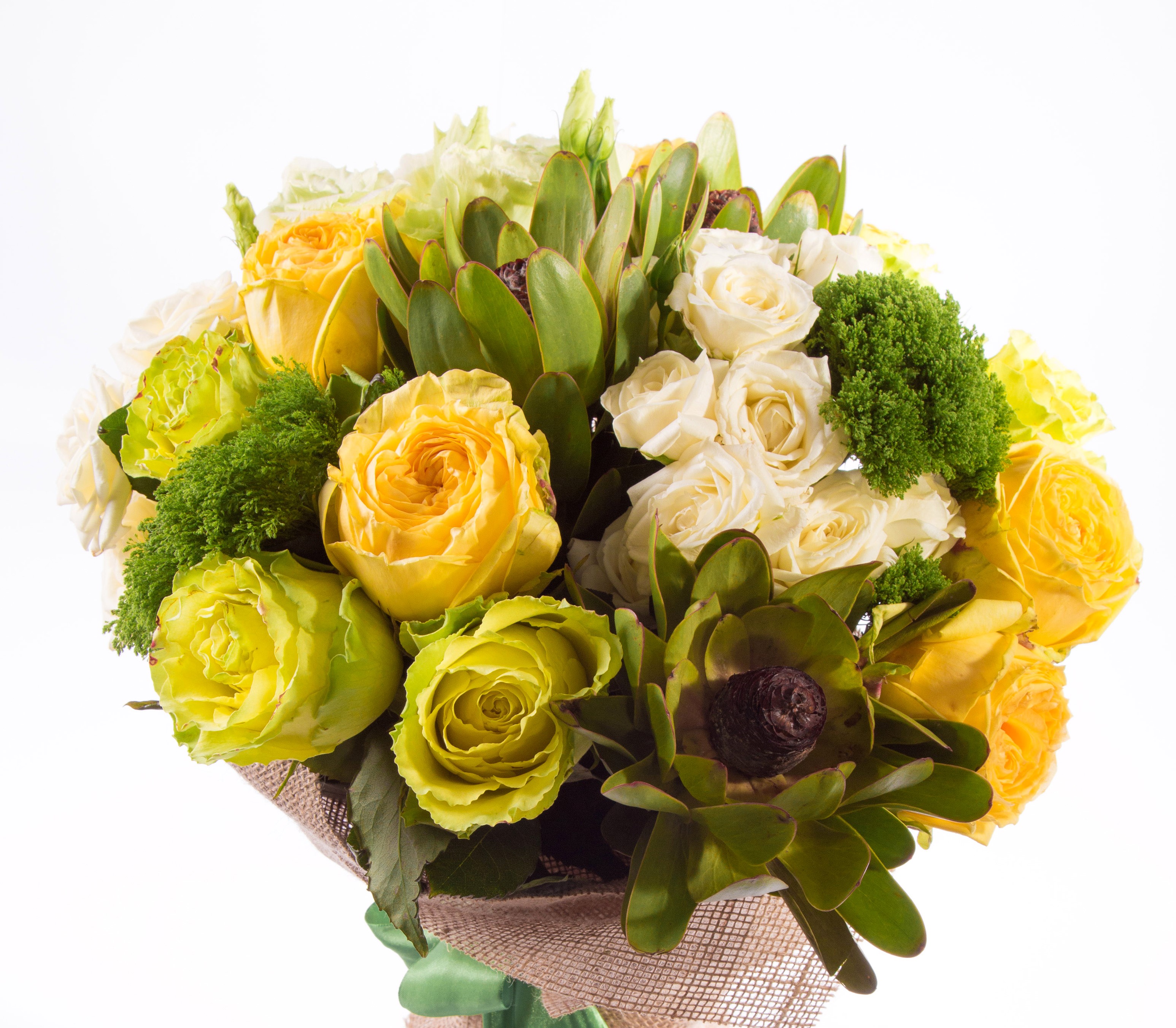 Bouquet of Yellow and White Roses with Greenery HD Wallpaper