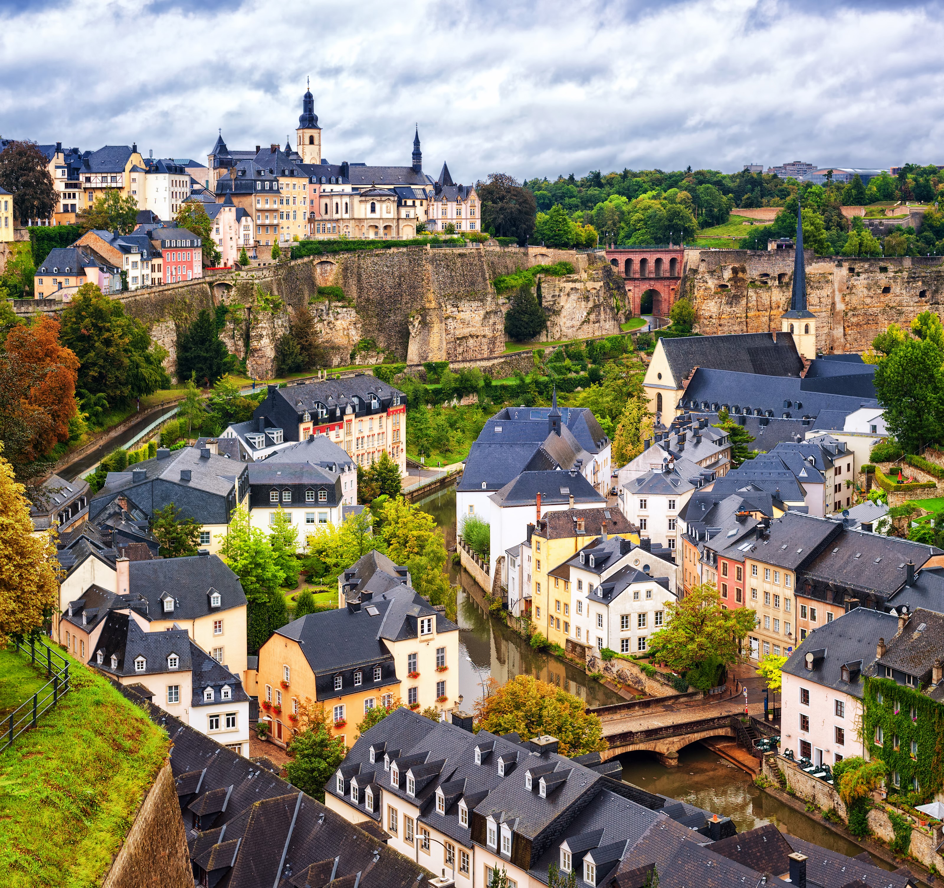 Luxembourg City with River and Bridges HD Wallpaper