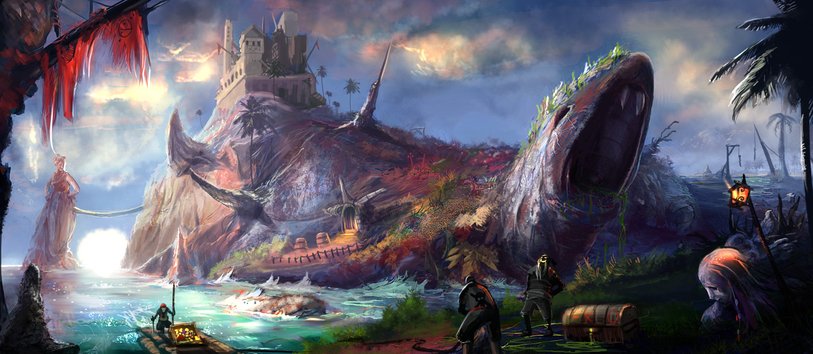 Pirates on a fantastical island with a giant serpent HD Wallpaper
