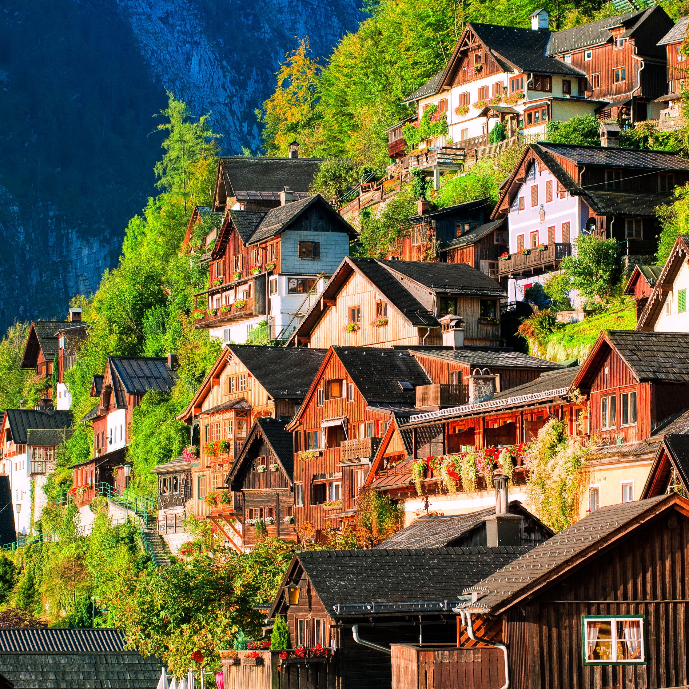 Hallstatt village houses on a steep mountainside in Austria HD Wallpaper