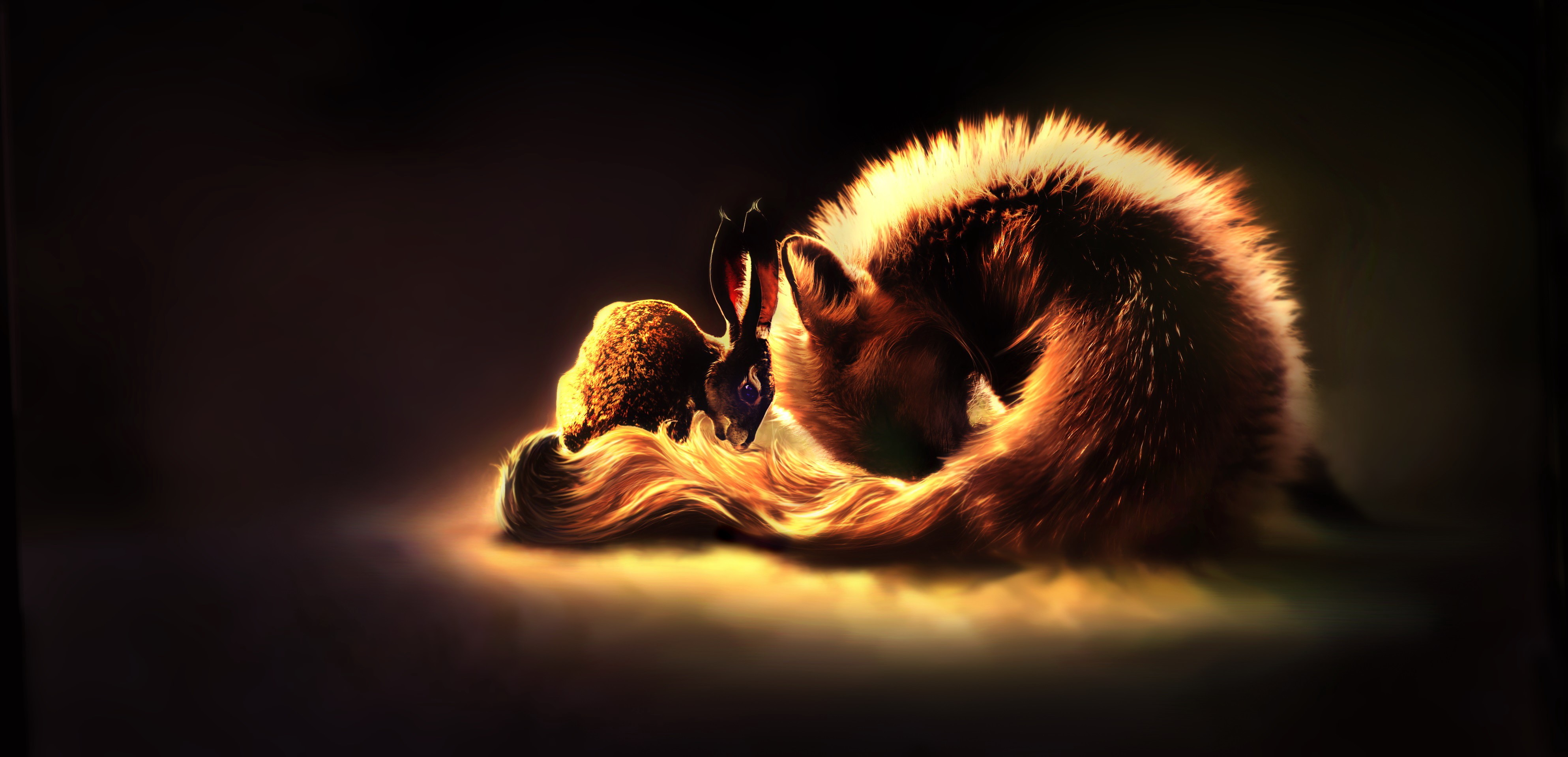 Fox and Hare in Warm Light HD Wallpaper