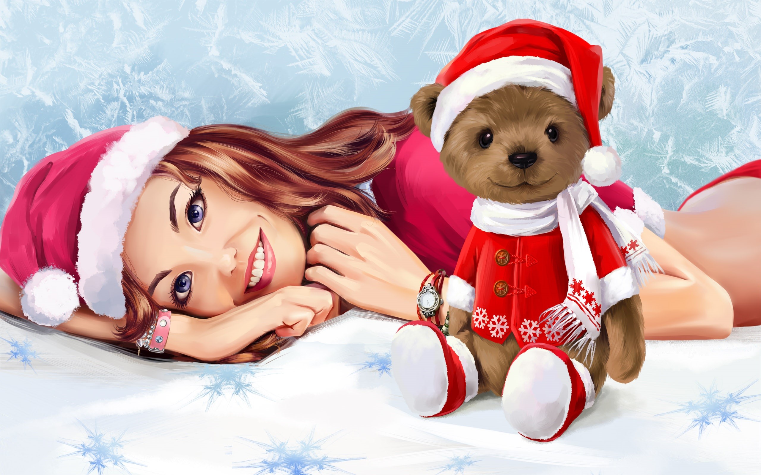 Woman and Teddy Bear in Santa Hats HD Wallpaper