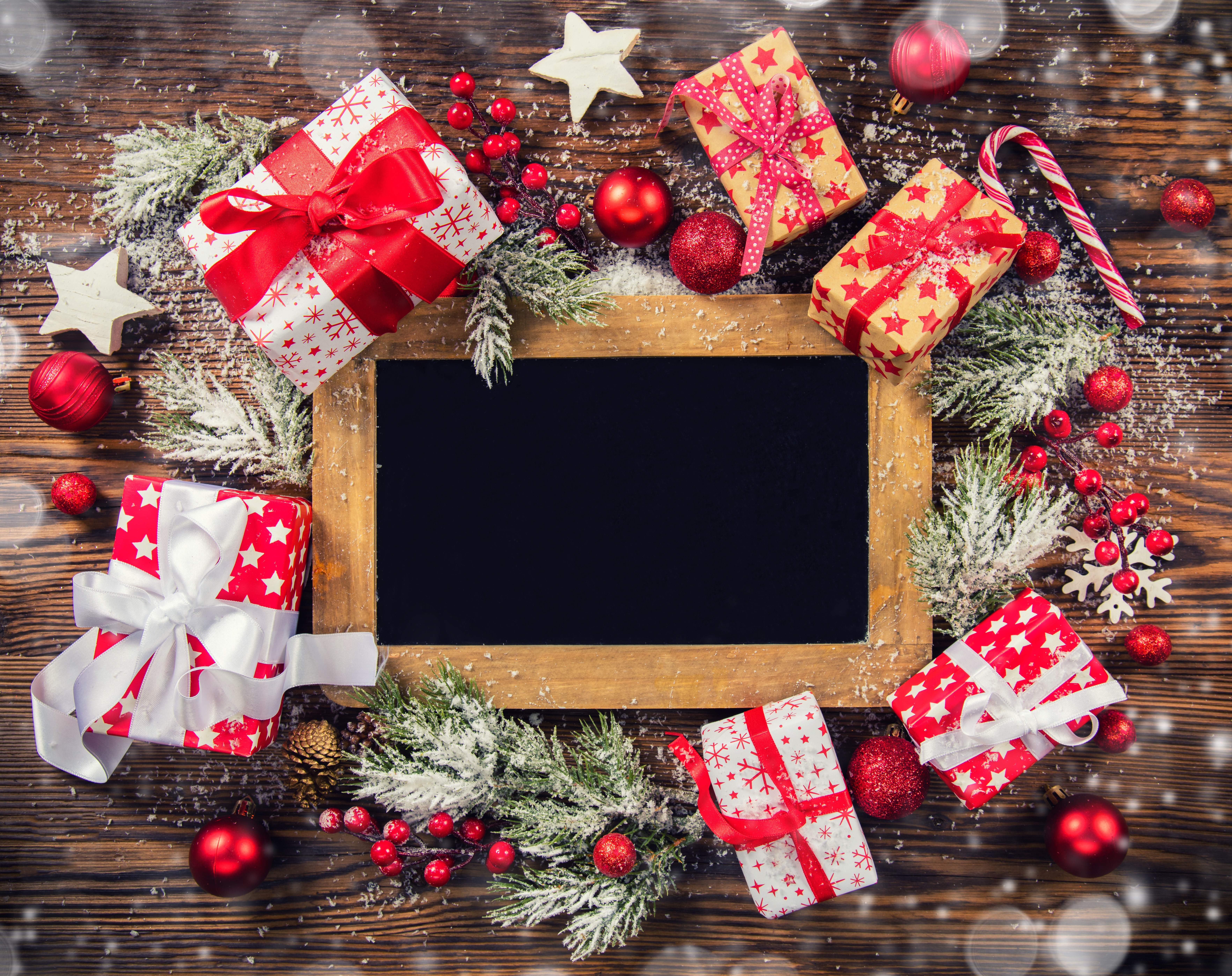 Christmas gifts and decorations on wooden background HD Wallpaper