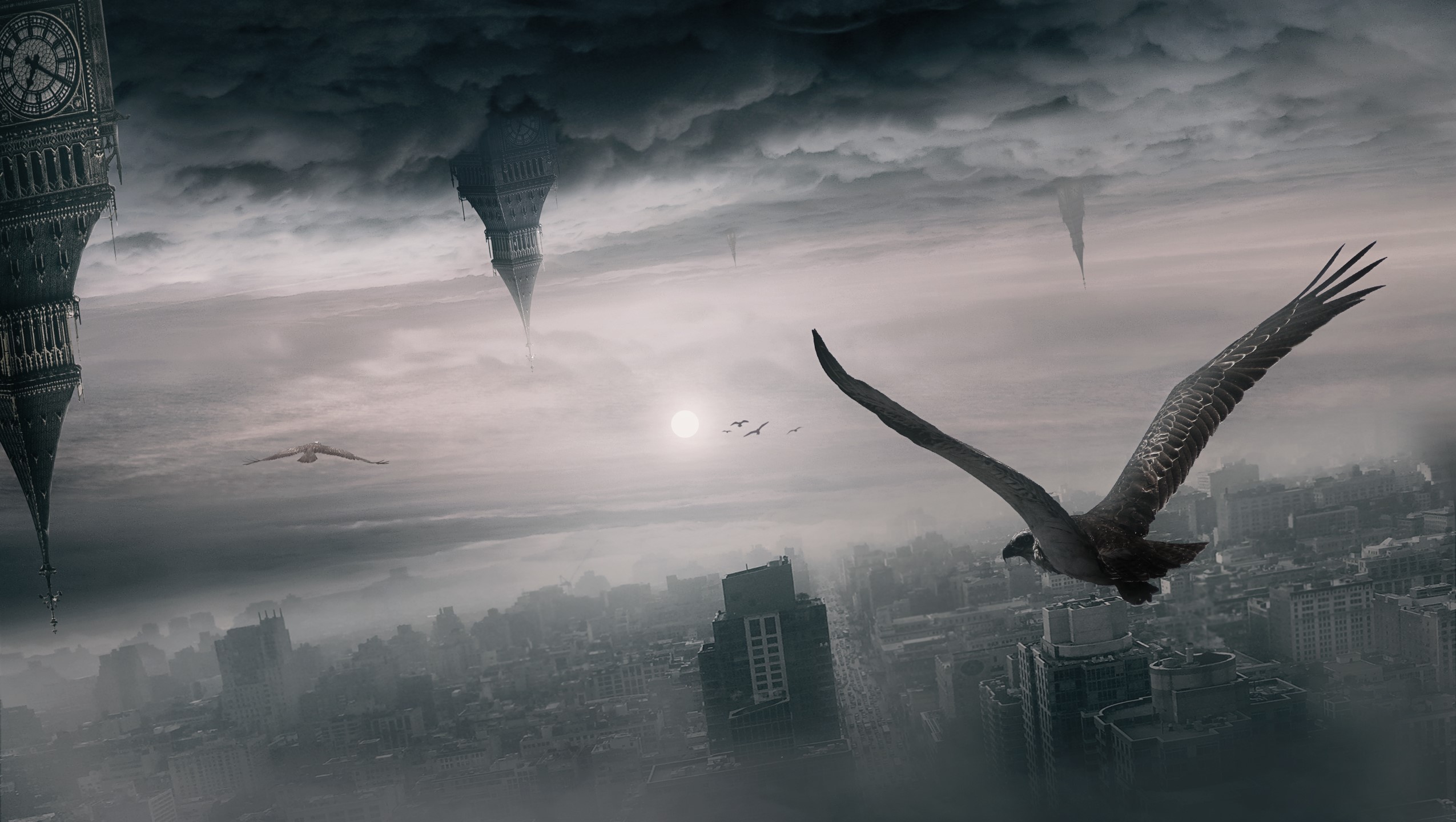 Eagle flying over foggy city with upside down towers HD Wallpaper