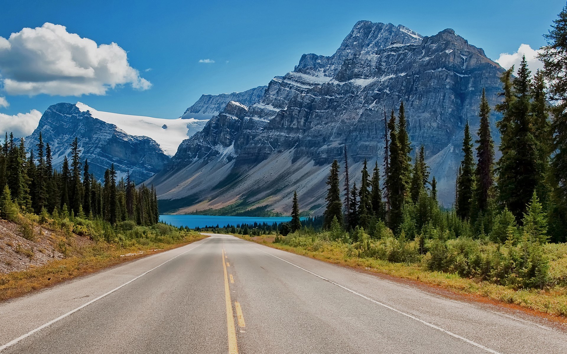 Road leading to Bow Lake and Crowfoot Glacier HD Wallpaper