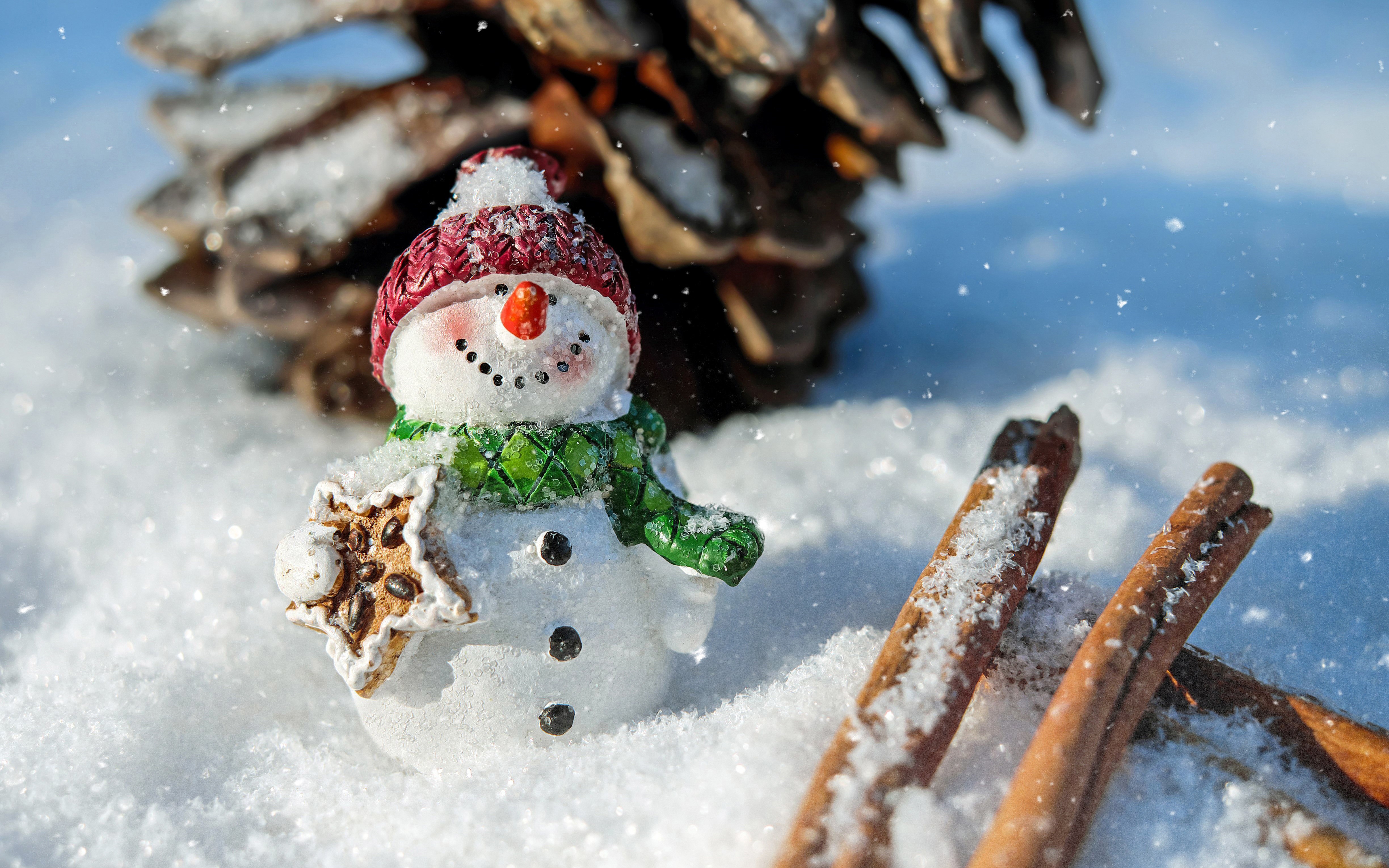4K Christmas Snowman with Pinecone and Cinnamon Sticks HD Wallpaper