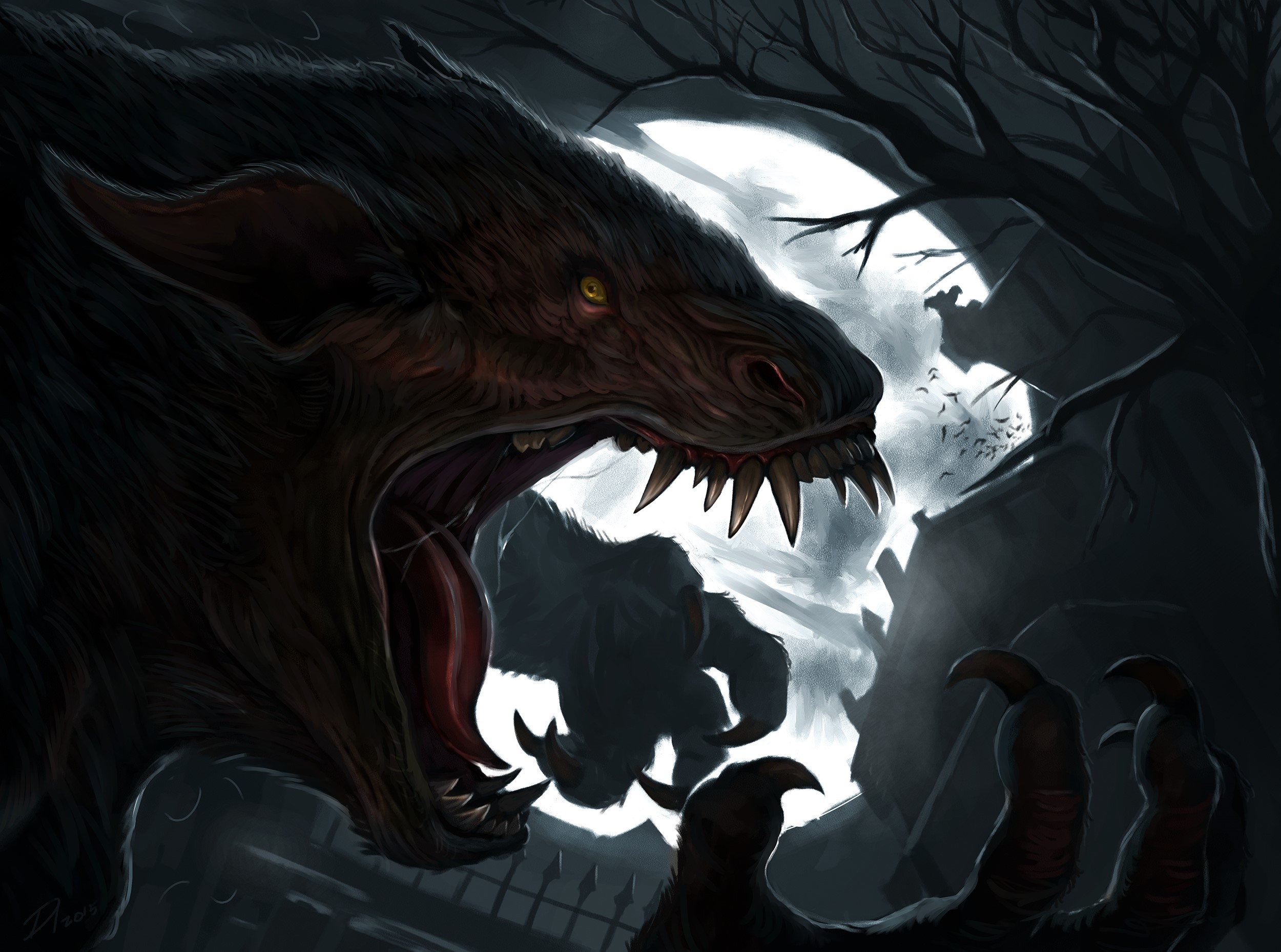 Werewolf roaring under a full moon in a graveyard HD Wallpaper