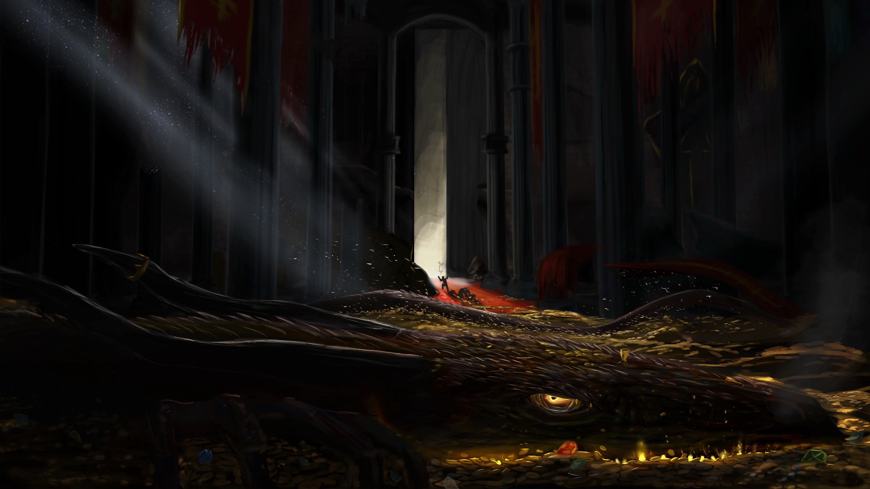 Dragon guarding treasure in a dark hall HD Wallpaper