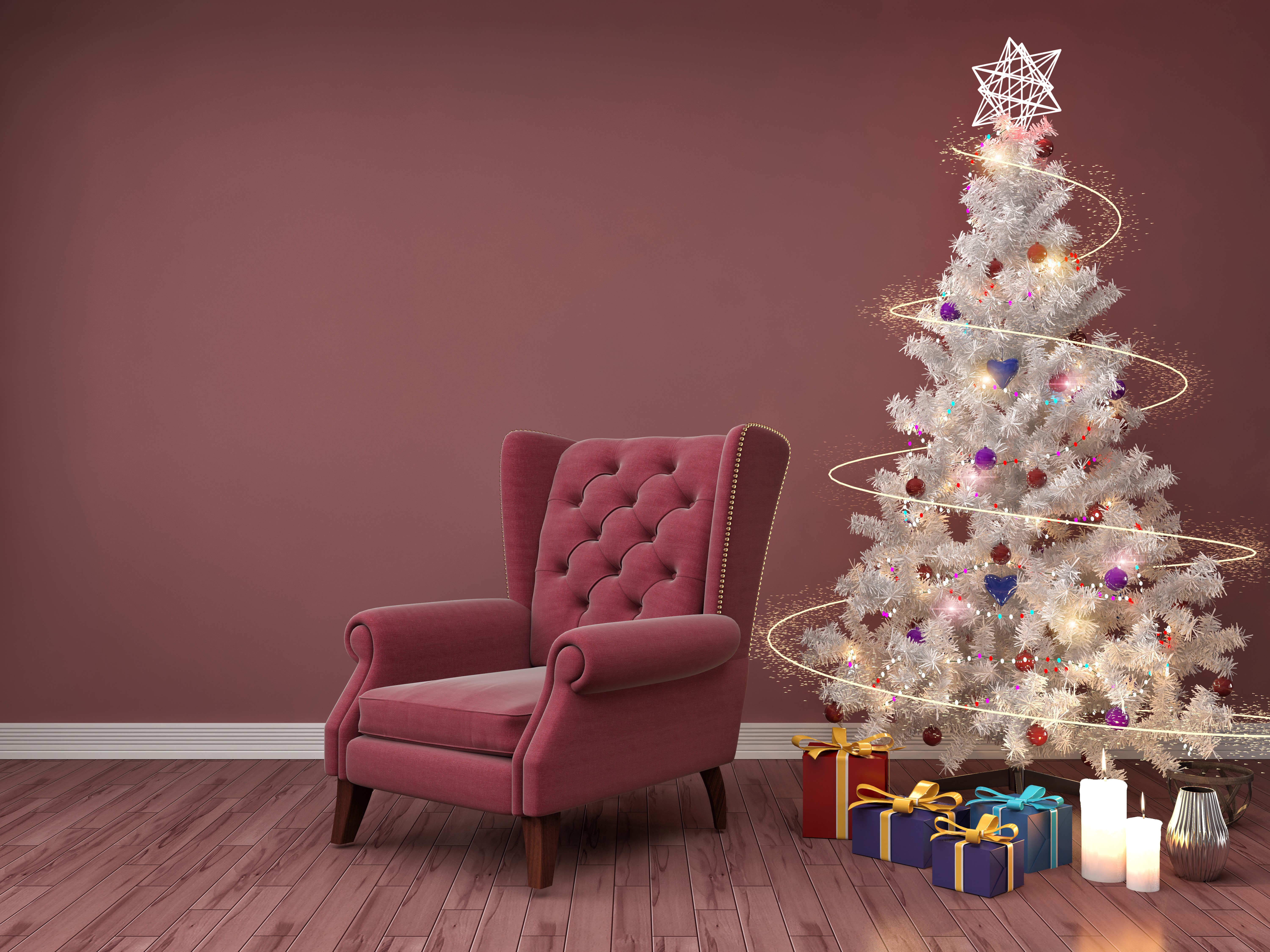 Christmas tree with gifts and armchair HD Wallpaper